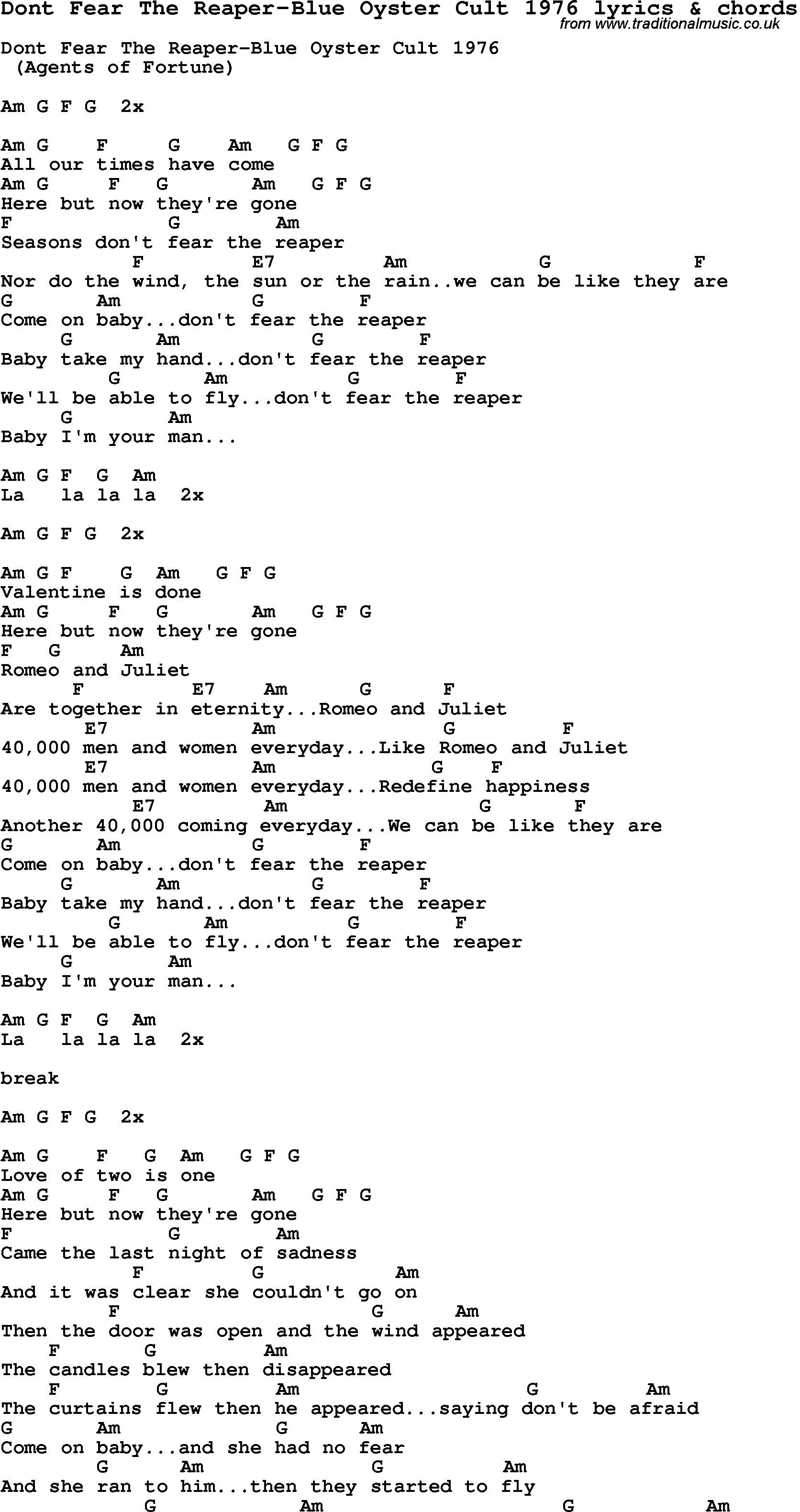 Love Song Lyrics for: Dont Fear The Reaper-Blue Oyster Cult 1976 with chords for Ukulele, Guitar Banjo etc.