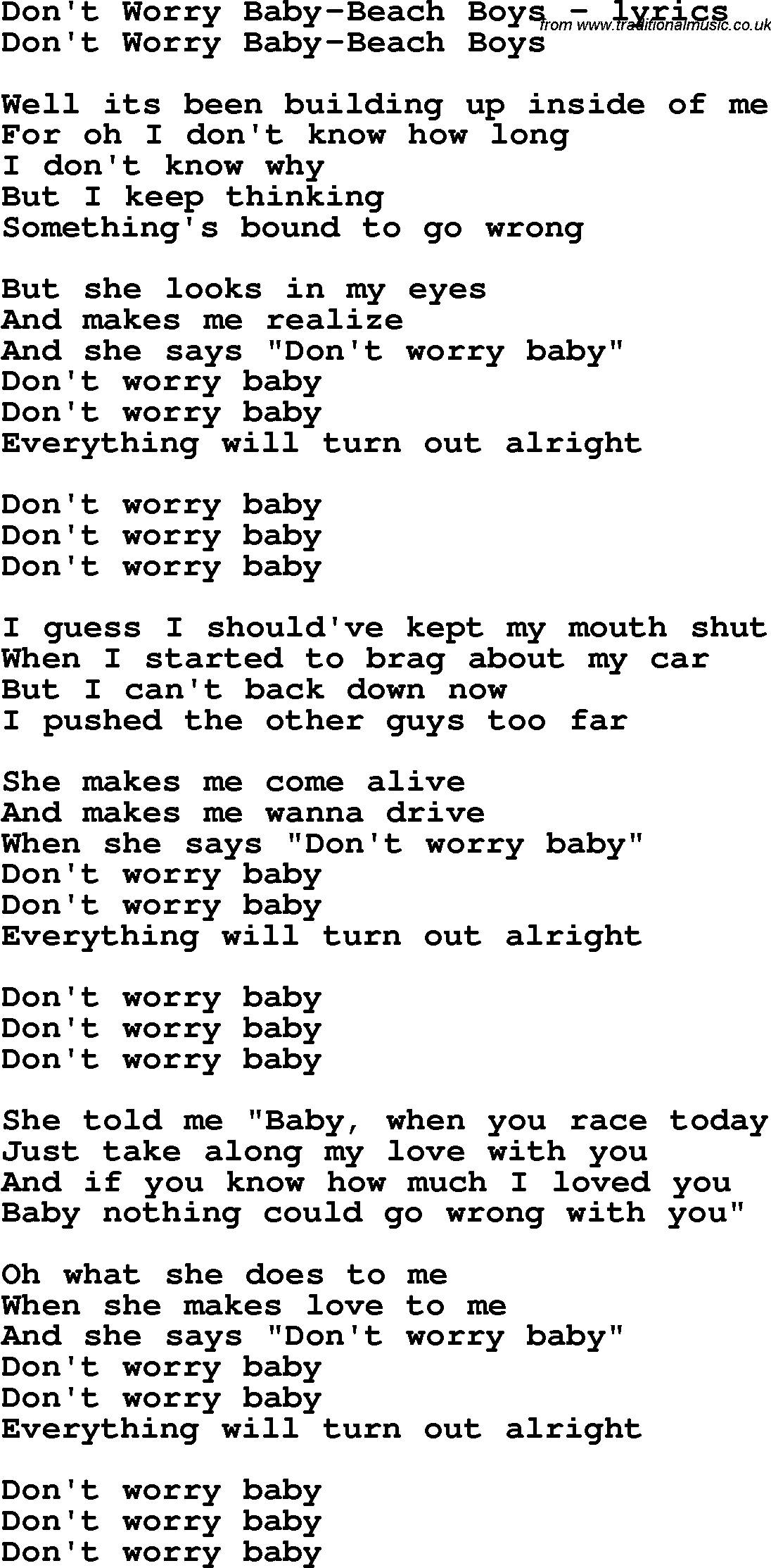 Love Song Lyrics for: Don't Worry Baby-Beach Boys