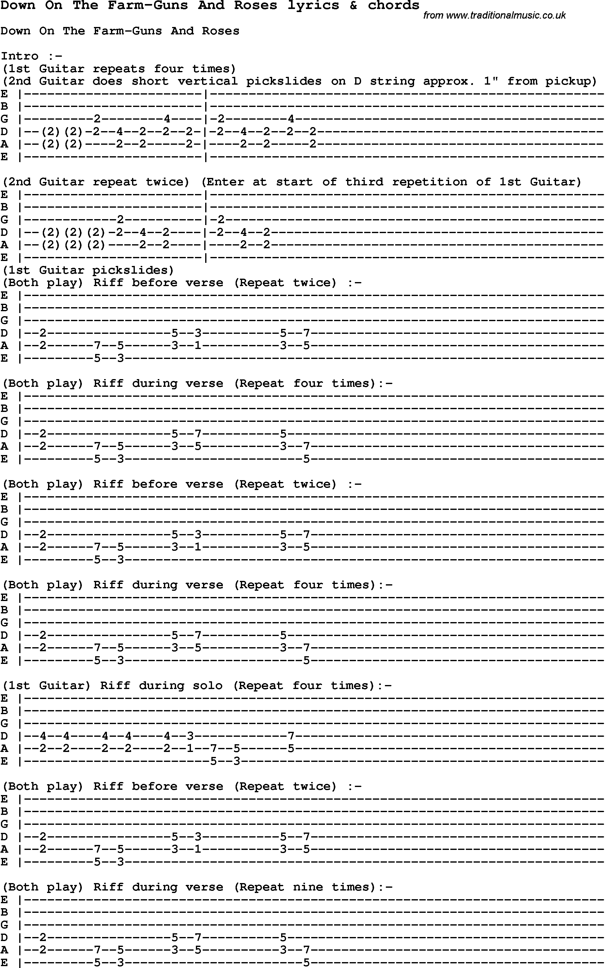 Love Song Lyrics for: Down On The Farm-Guns And Roses with chords for Ukulele, Guitar Banjo etc.