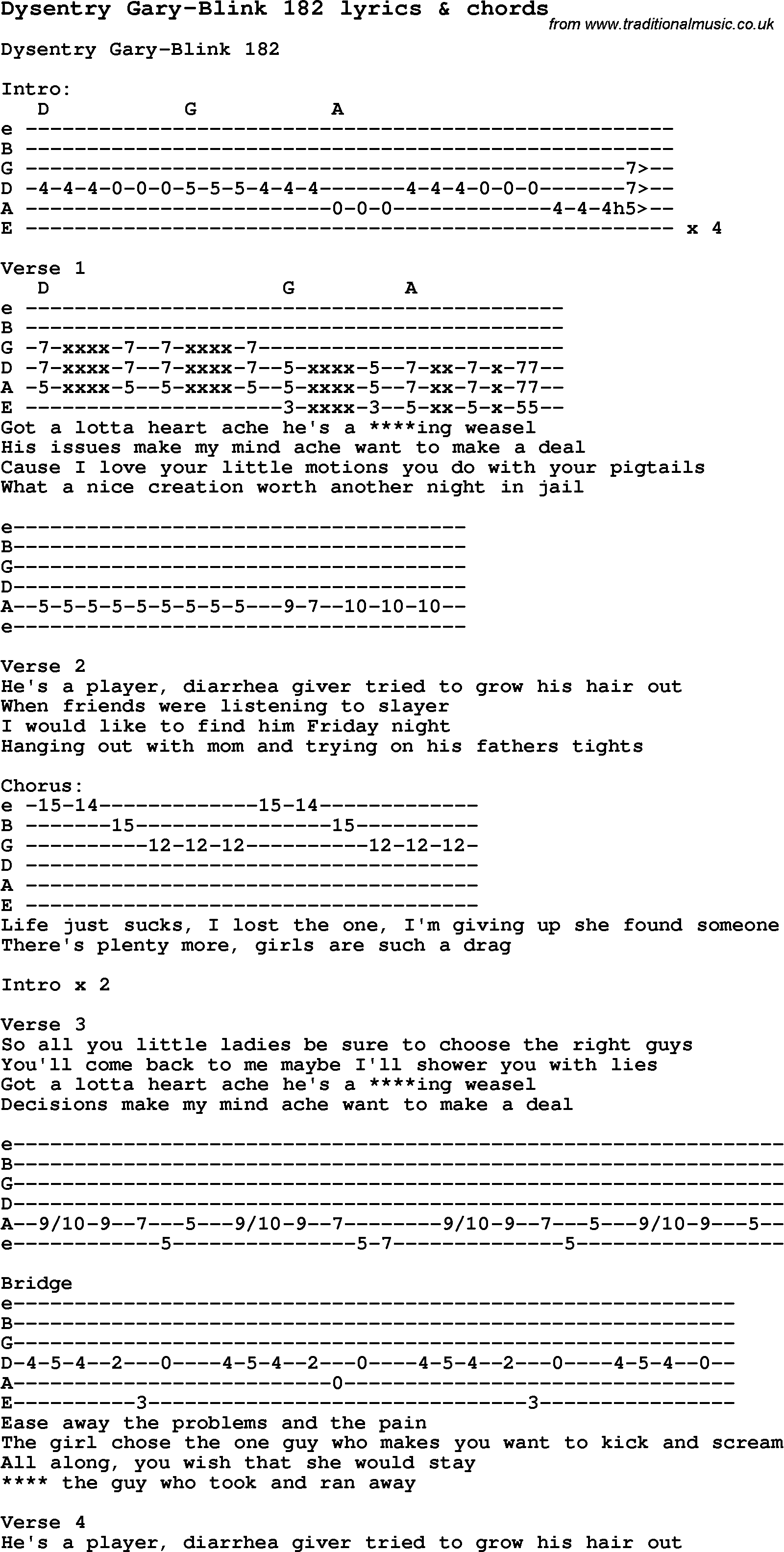 Love Song Lyrics for: Dysentry Gary-Blink 182 with chords for Ukulele, Guitar Banjo etc.