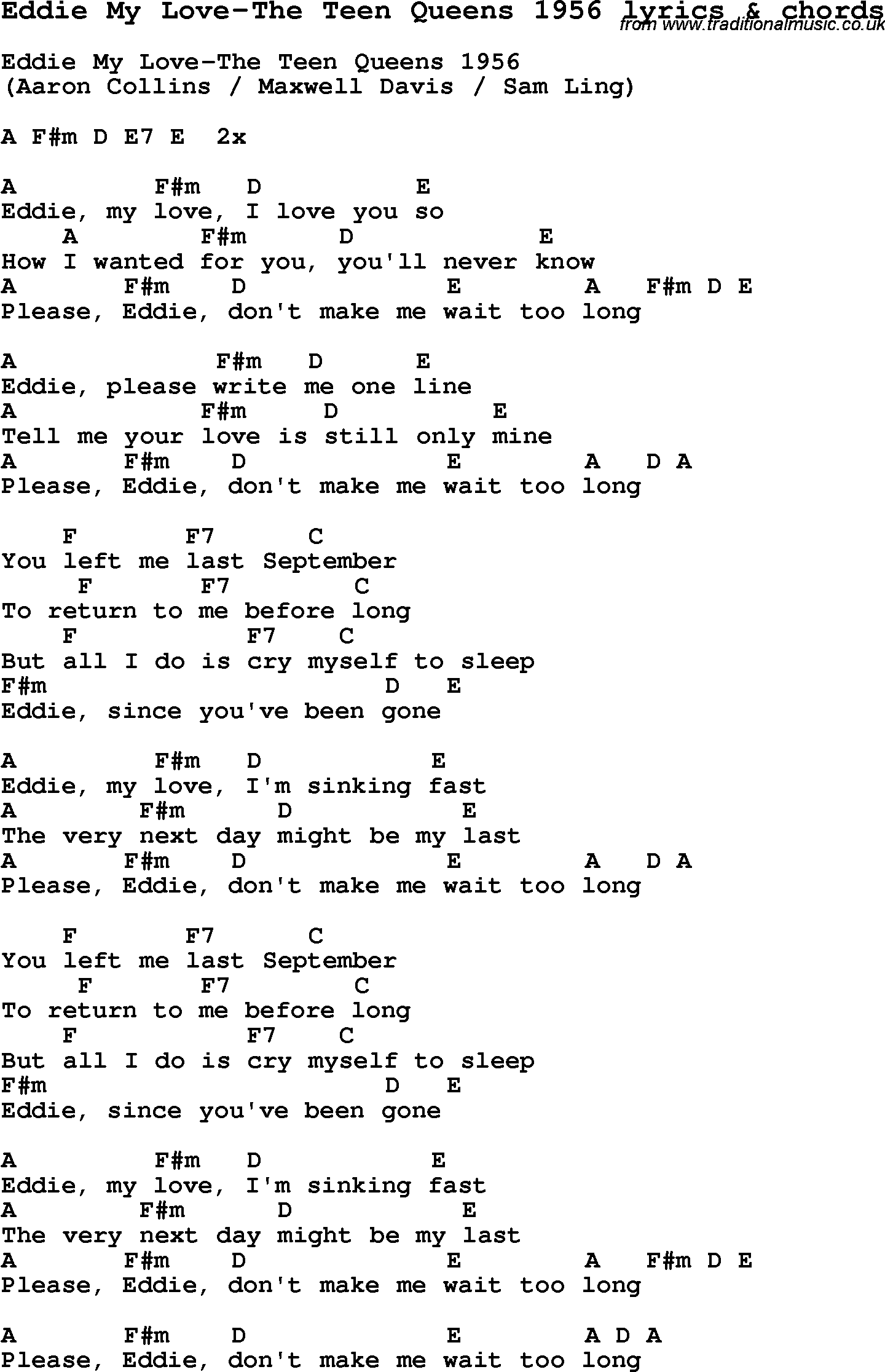 Love Song Lyrics for:Eddie My Love-The Teen Queens 1956 with chords.
