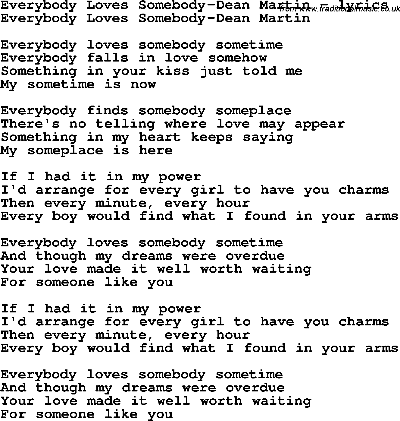 Love Song Lyrics for: Everybody Loves Somebody-Dean Martin