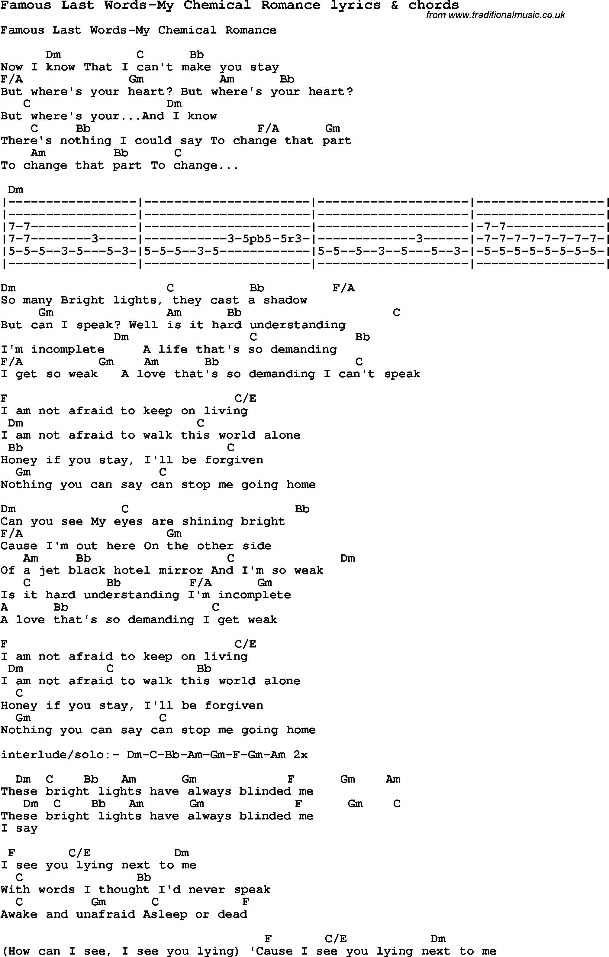 Love Song Lyrics for: Famous Last Words-My Chemical Romance with chords for Ukulele, Guitar Banjo etc.