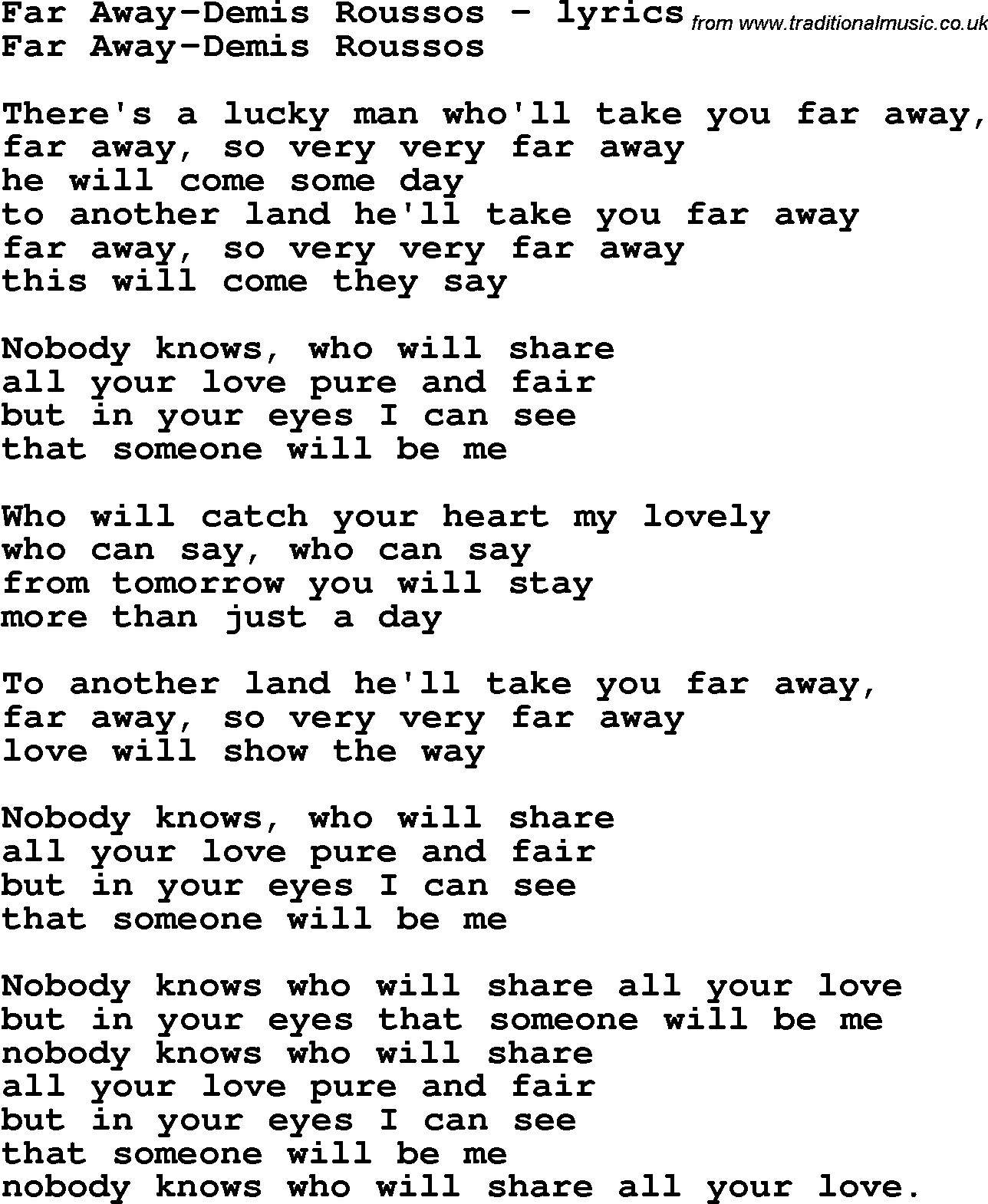 Love Song Lyrics for: Far Away-Demis Roussos