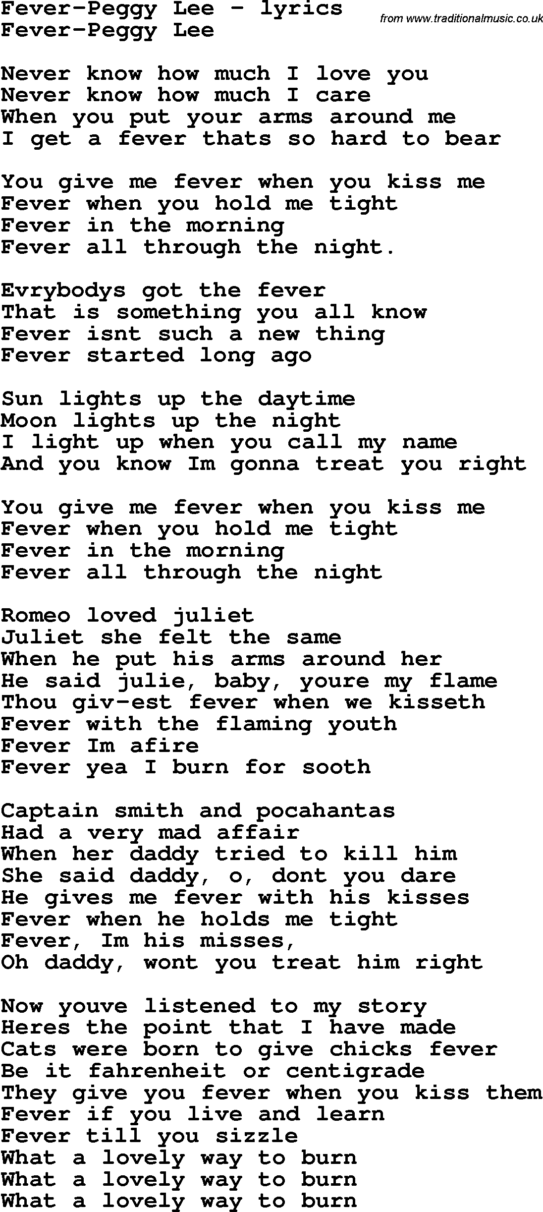 Love Song Lyrics for:Fever-Peggy Lee
