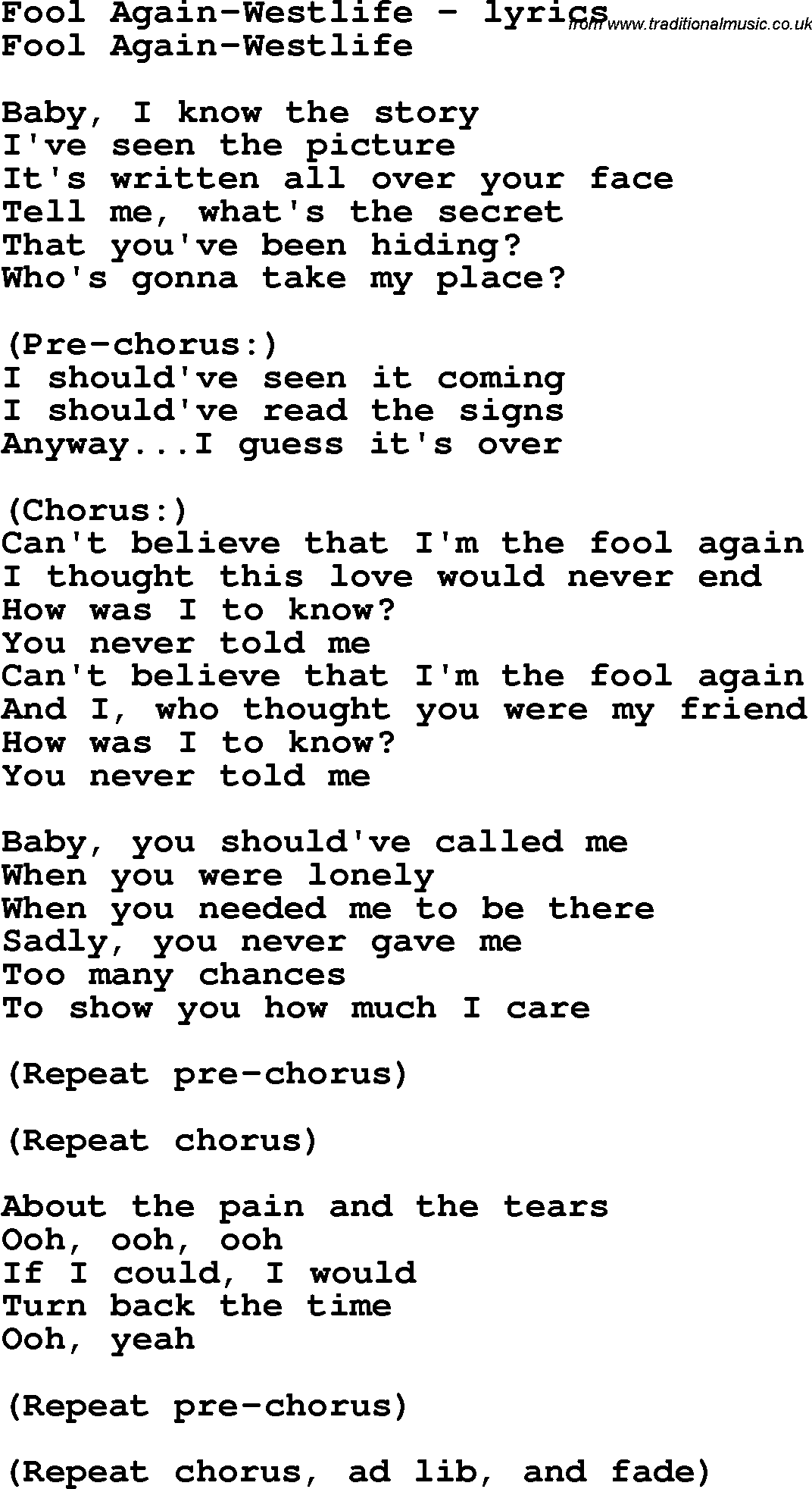 Love Song Lyrics for: Fool Again-Westlife