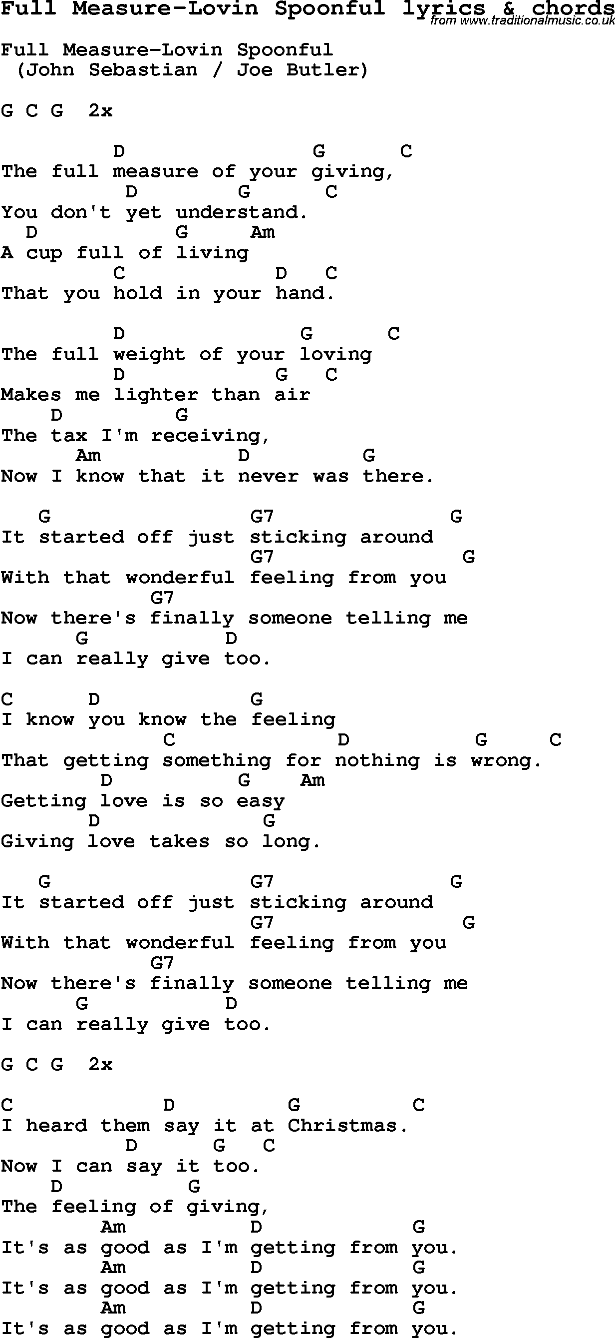 Love Song Lyrics for: Full Measure-Lovin Spoonful with chords for Ukulele, Guitar Banjo etc.