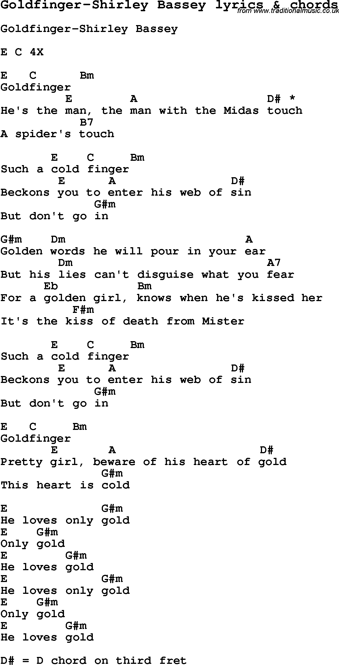 Love Song Lyrics for: Goldfinger-Shirley Bassey with chords for Ukulele, Guitar Banjo etc.