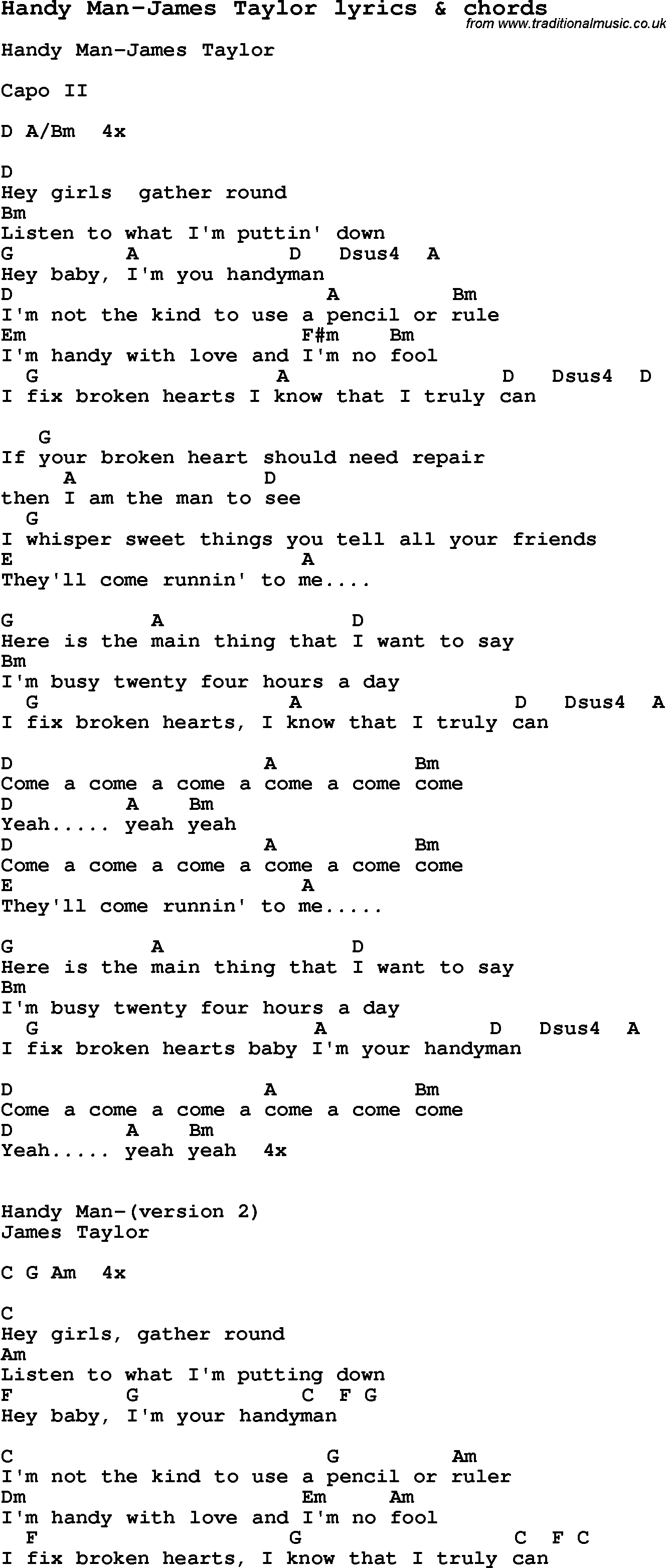 Love Song Lyrics for: Handy Man-James Taylor with chords for Ukulele, Guitar Banjo etc.