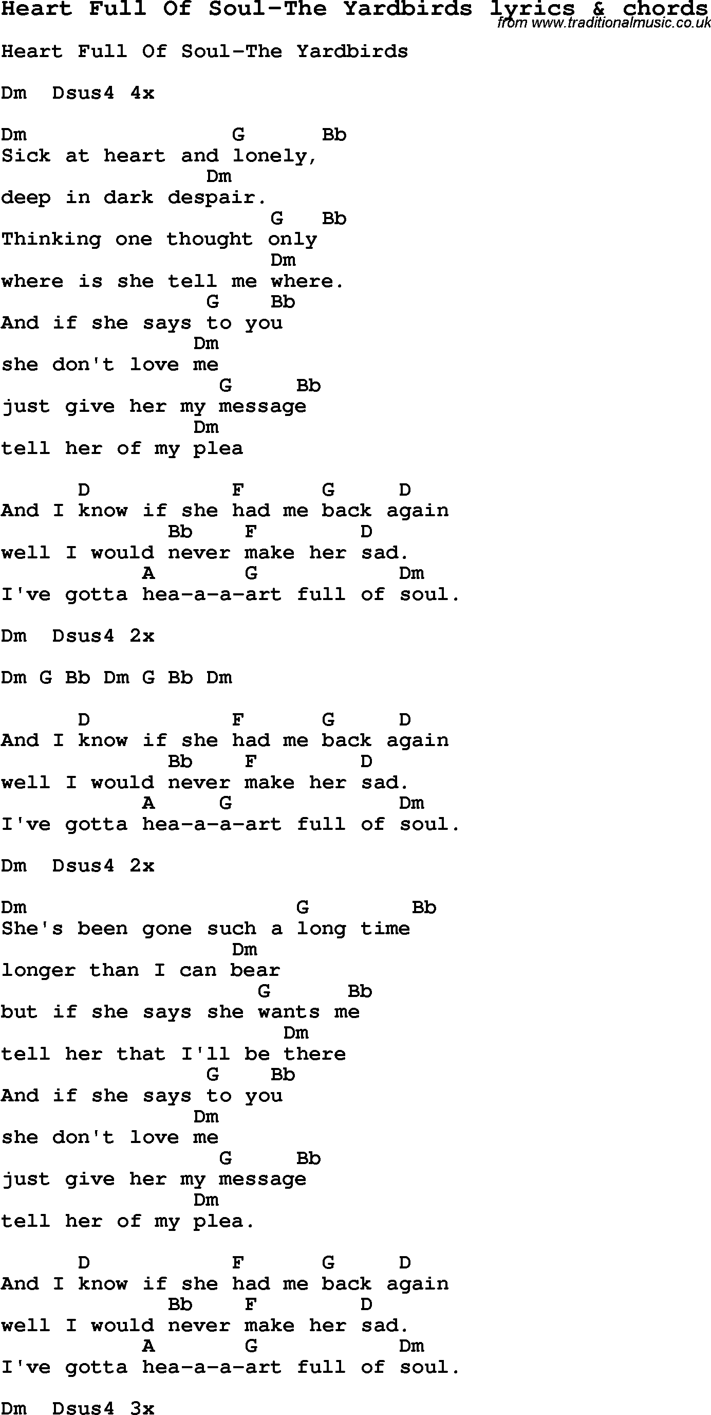 Love Song Lyrics for: Heart Full Of Soul-The Yardbirds with chords for Ukulele, Guitar Banjo etc.