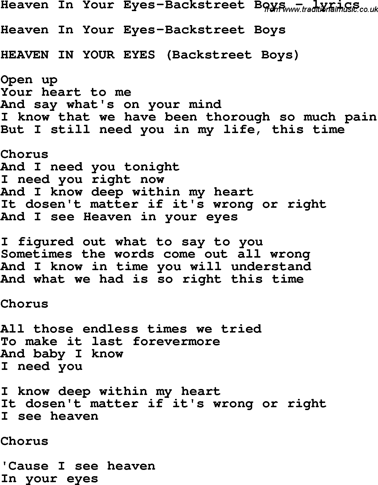 Love Song Lyrics for: Heaven In Your Eyes-Backstreet Boys