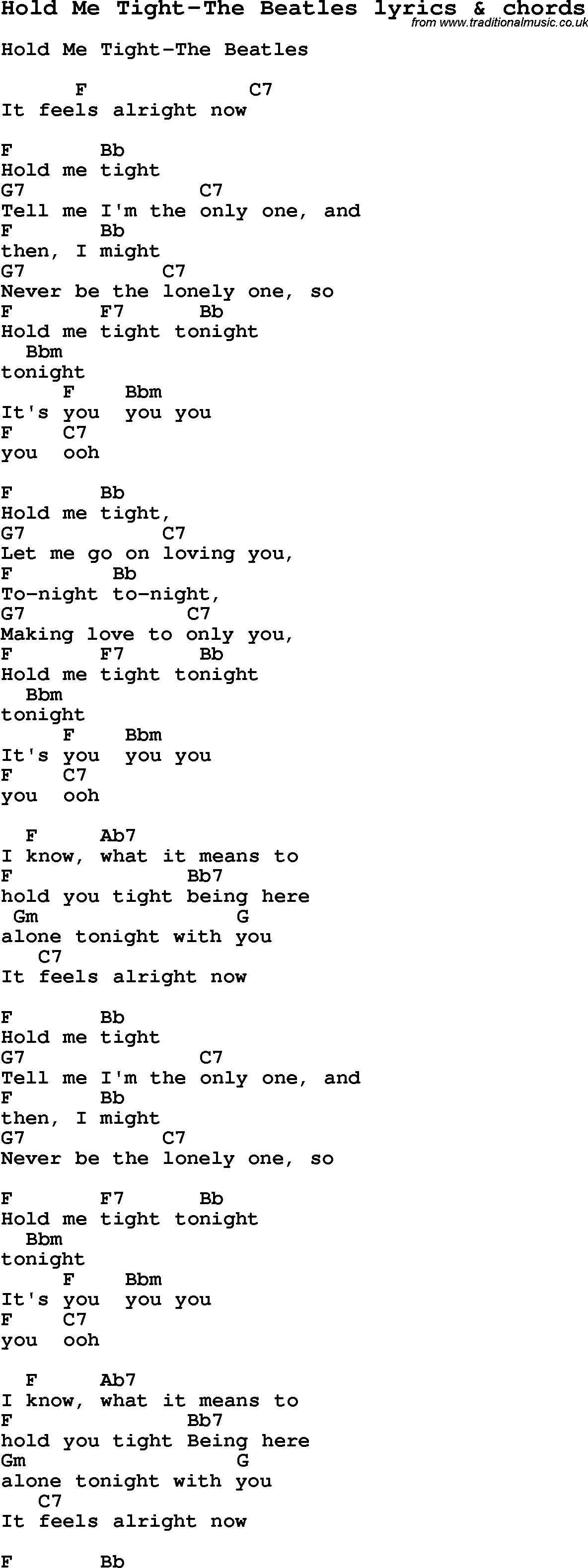 Love Song Lyrics for: Hold Me Tight-The Beatles with chords for Ukulele, Guitar Banjo etc.
