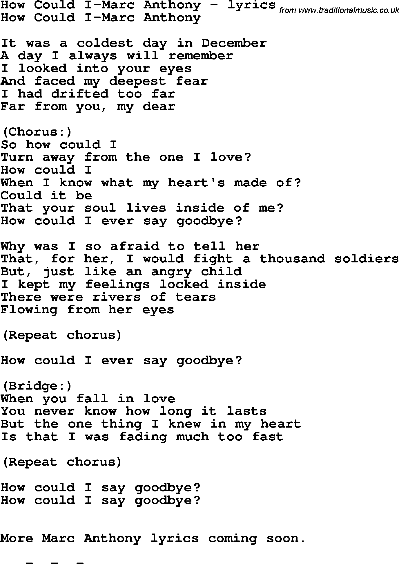 Love Song Lyrics for: How Could I-Marc Anthony