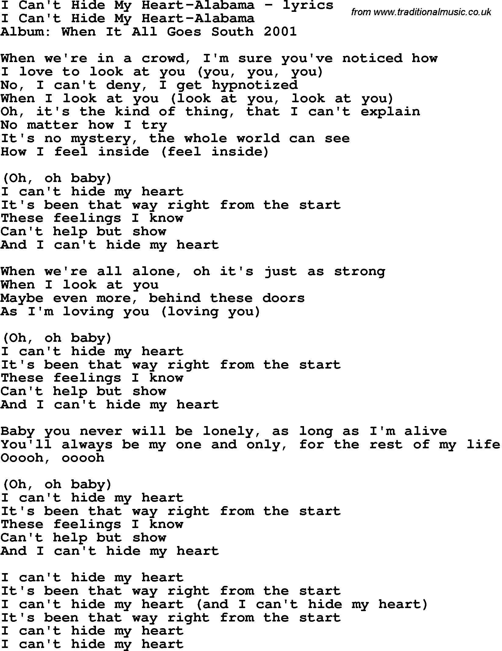 Love Song Lyrics for:I Can't Hide My Heart-Alabama.