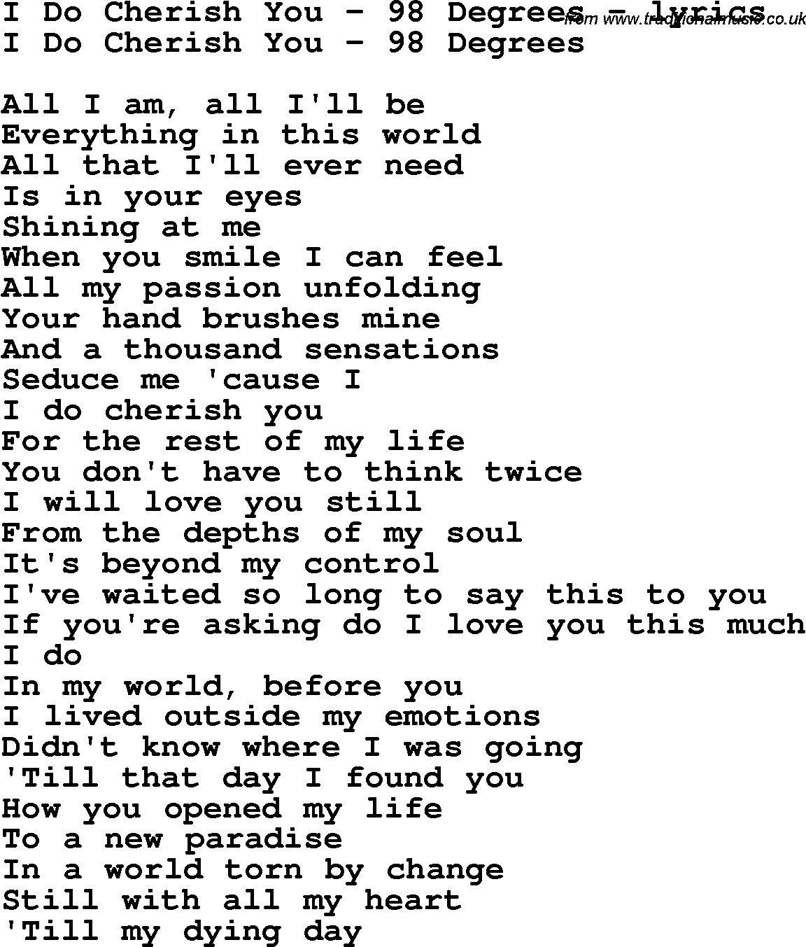 Love Song Lyrics for: I Do Cherish You - 98 Degrees