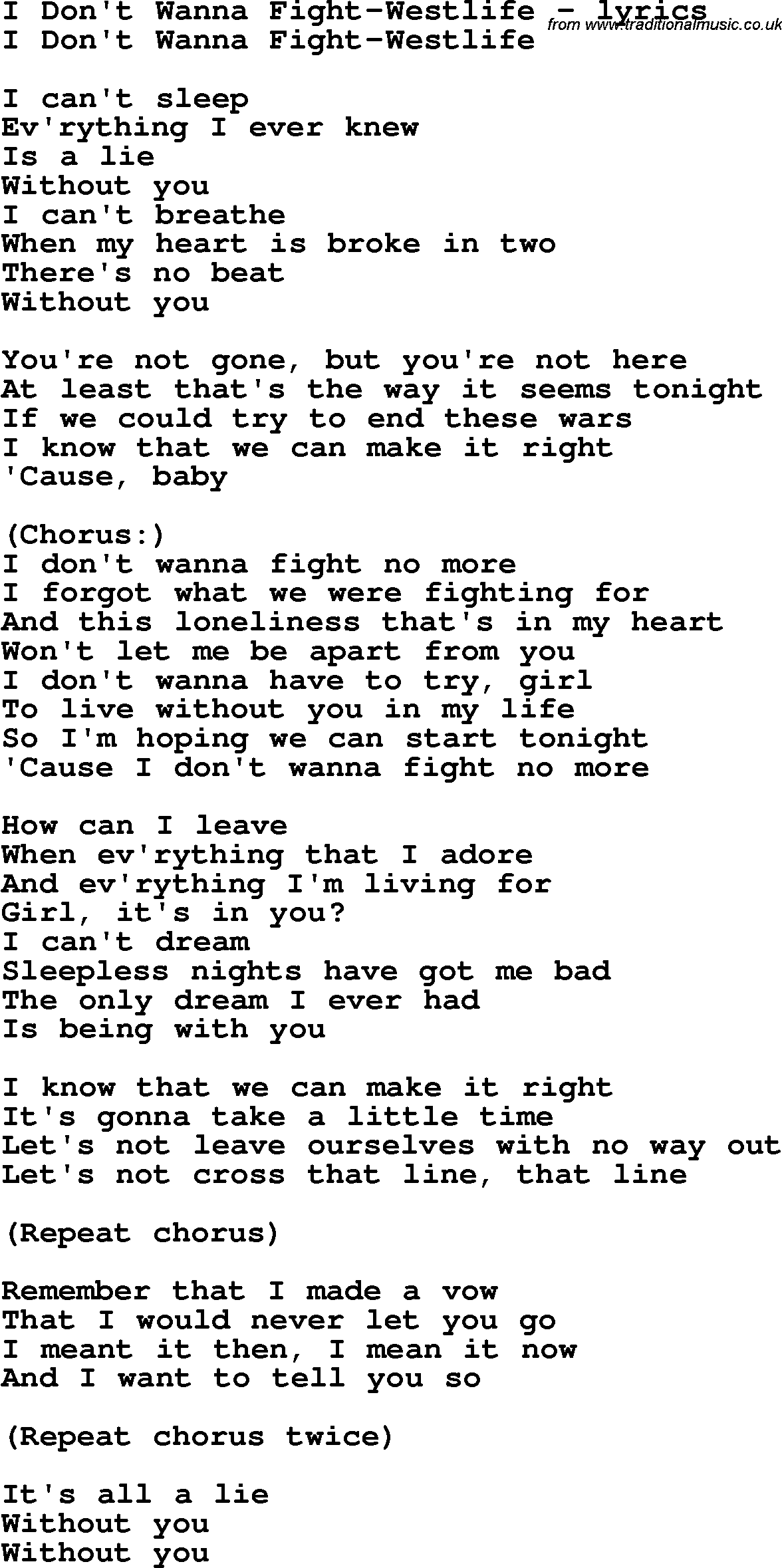 Love Song Lyrics for: I Don't Wanna Fight-Westlife