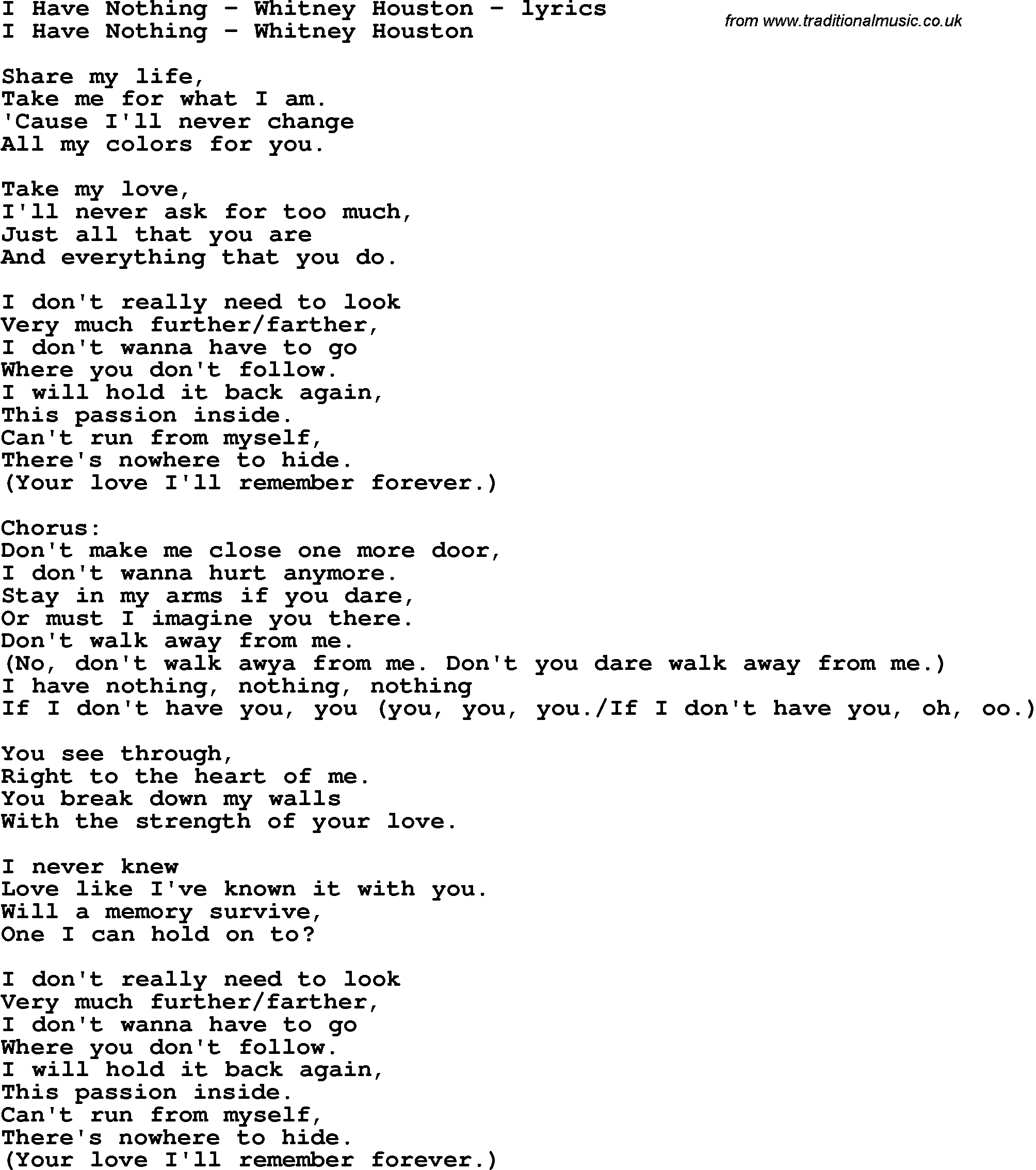 Gentagen peregrination lejr Love Song Lyrics for:I Have Nothing - Whitney Houston