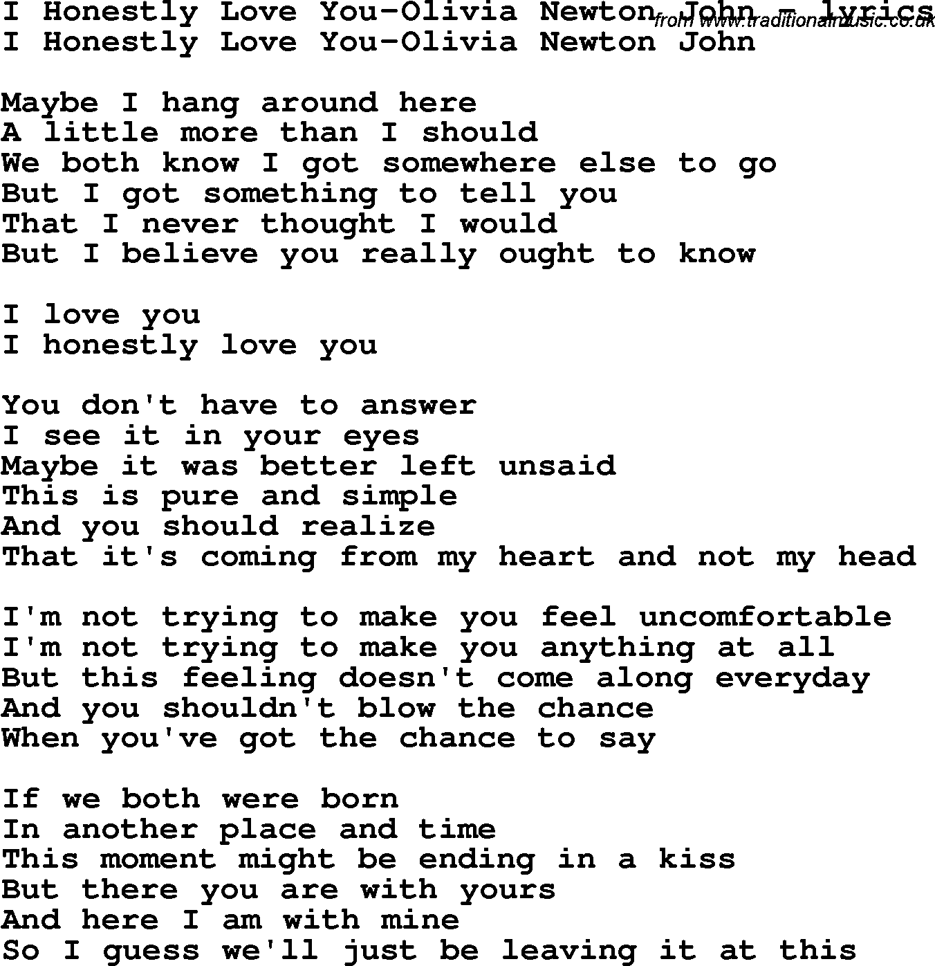 Love Song Lyrics for: I Honestly Love You-Olivia Newton John