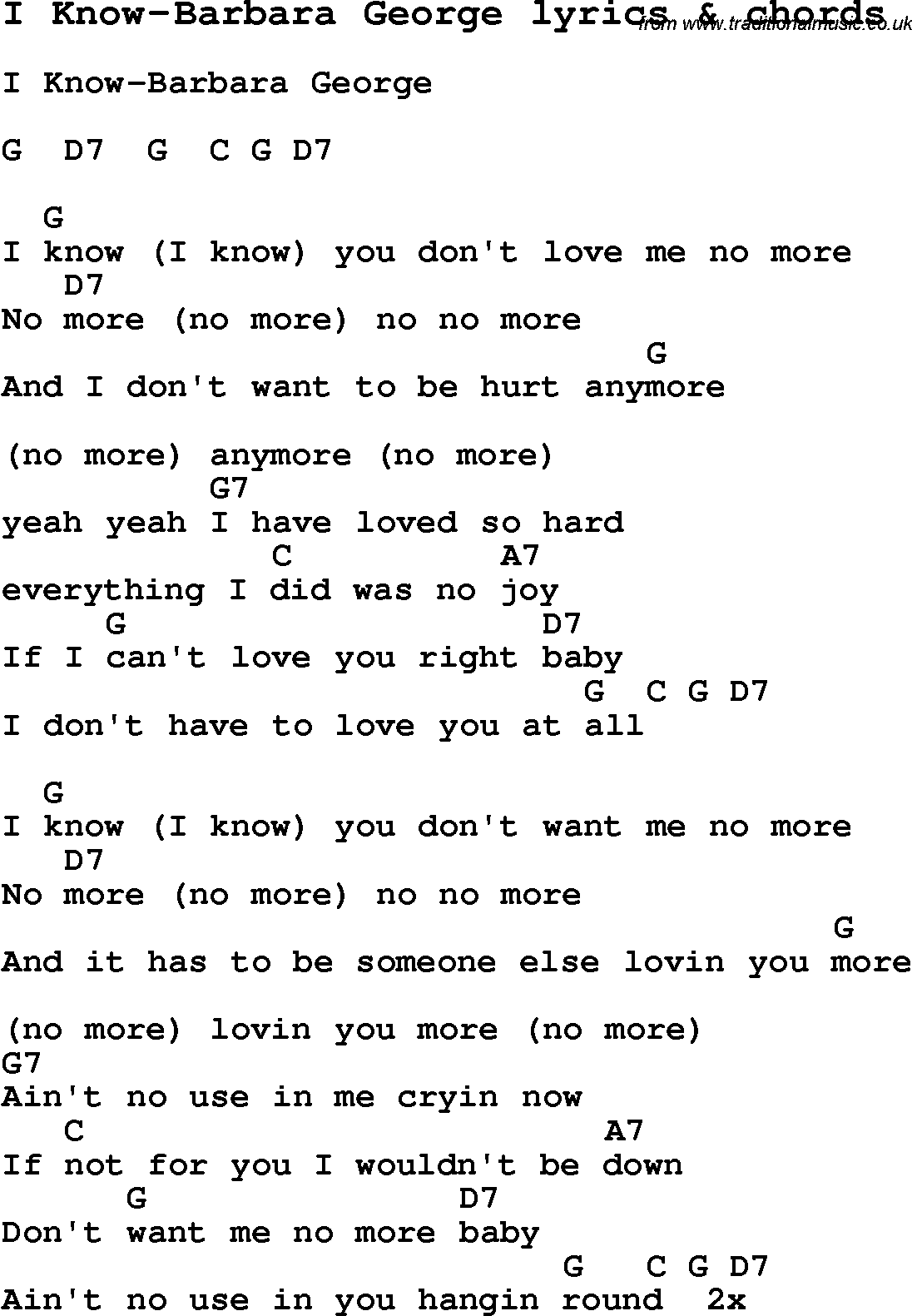 Love Song Lyrics for: I Know-Barbara George with chords for Ukulele, Guitar Banjo etc.