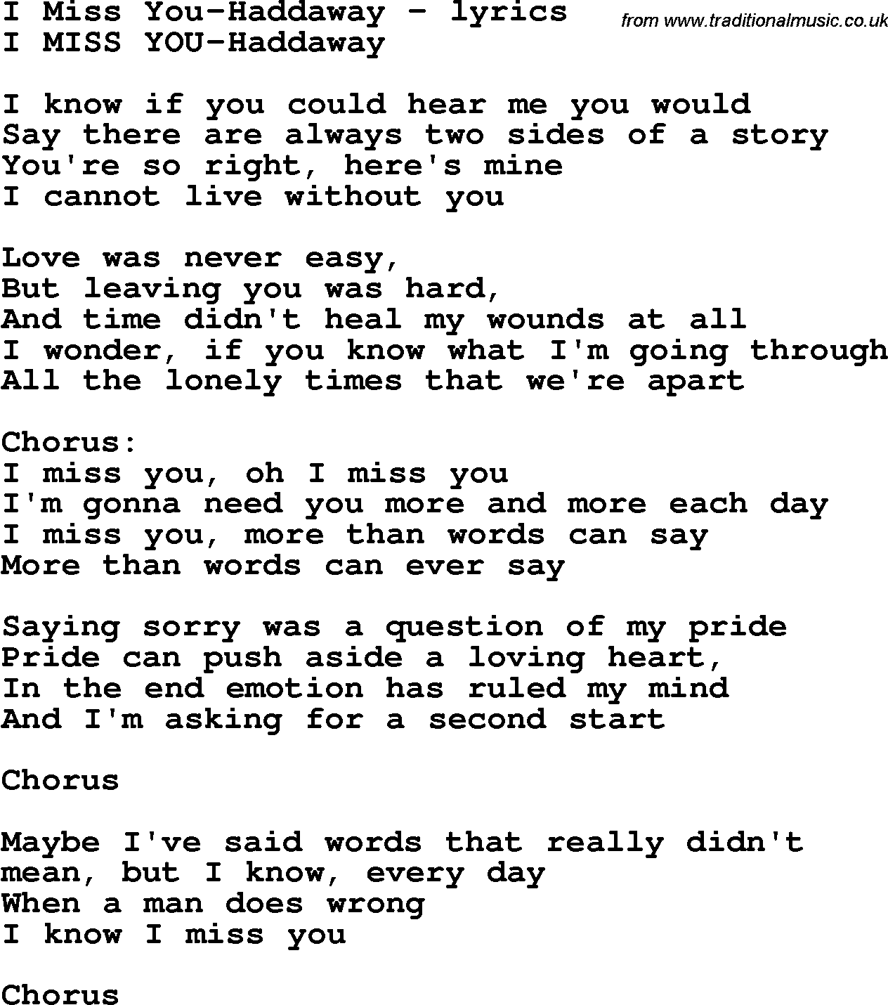 Love Song Lyrics for: I Miss You-Haddaway