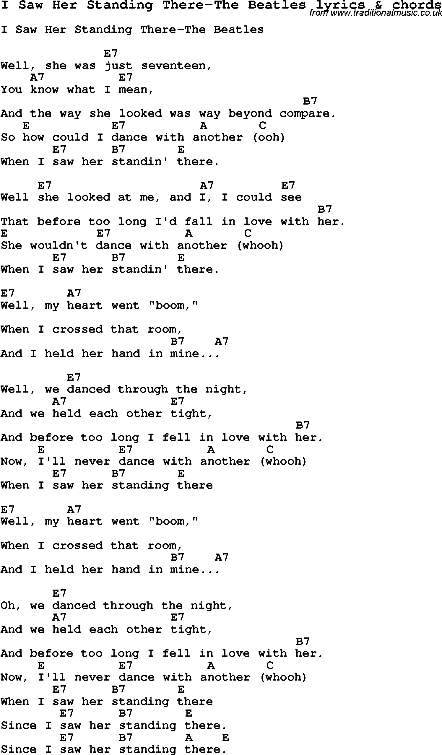 Love Song Lyrics for: I Saw Her Standing There-The Beatles with chords for Ukulele, Guitar Banjo etc.