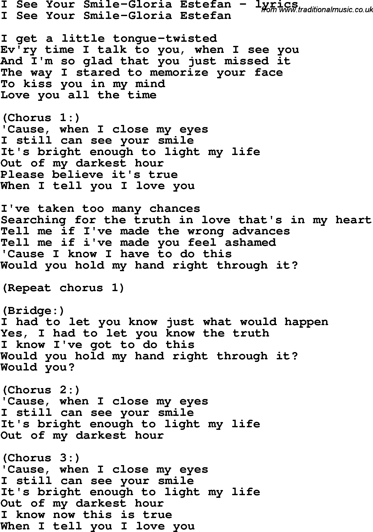 Love Song Lyrics for: I See Your Smile-Gloria Estefan
