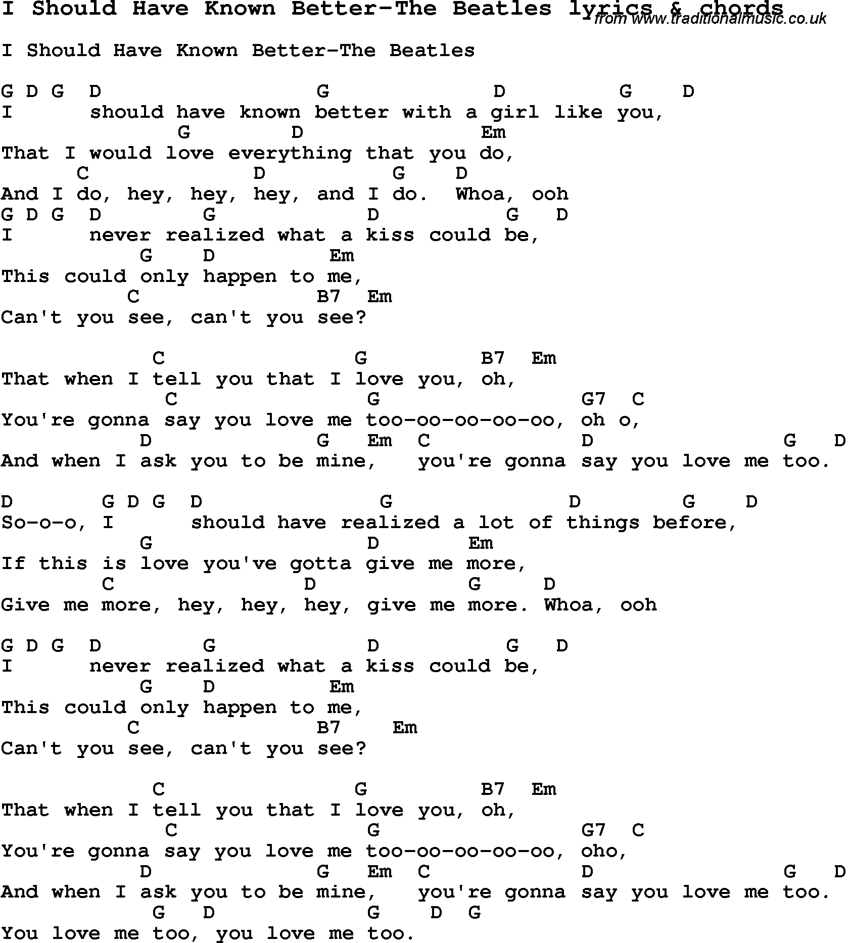 Love Song Lyrics for: I Should Have Known Better-The Beatles with chords for Ukulele, Guitar Banjo etc.