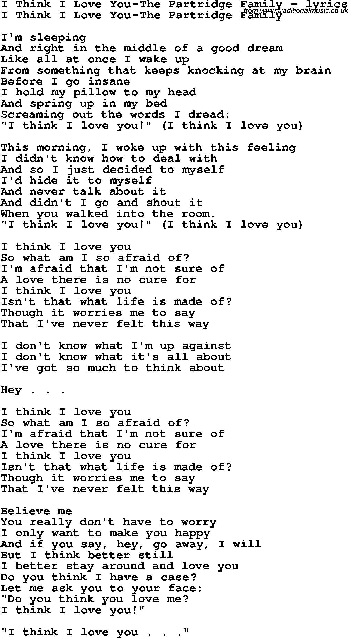 Love Song Lyrics for: I Think I Love You-The Partridge Family