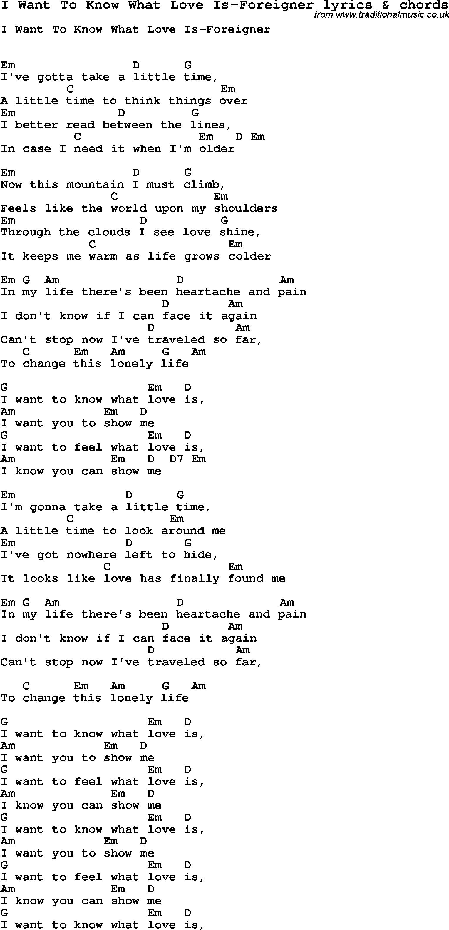 Love Song Lyrics for: I Want To Know What Love Is-Foreigner with chords for Ukulele, Guitar Banjo etc.