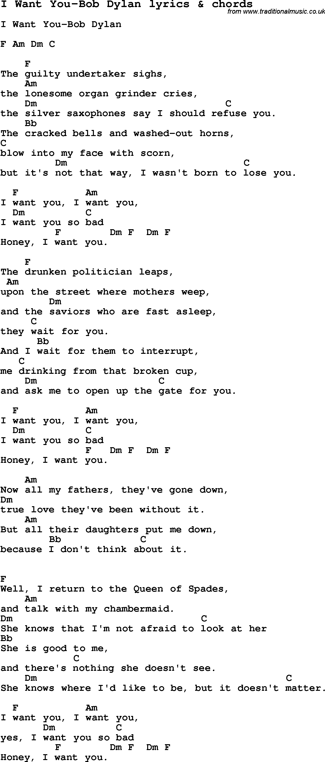 Love Song Lyrics for: I Want You-Bob Dylan with chords for Ukulele, Guitar Banjo etc.