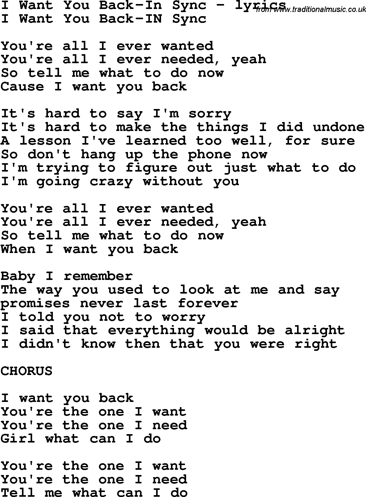 Love Song Lyrics for: I Want You Back-In Sync