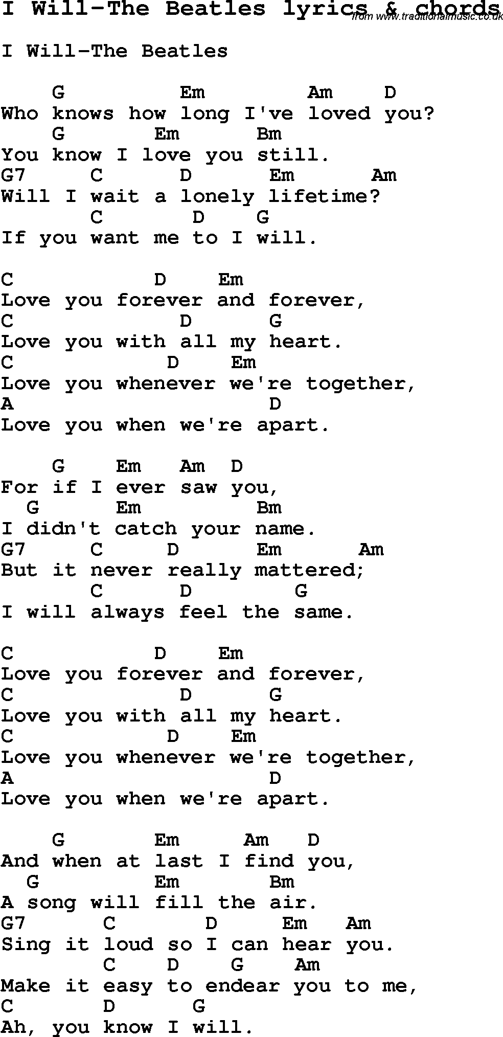 Love Song Lyrics for: I Will-The Beatles with chords for Ukulele, Guitar Banjo etc.