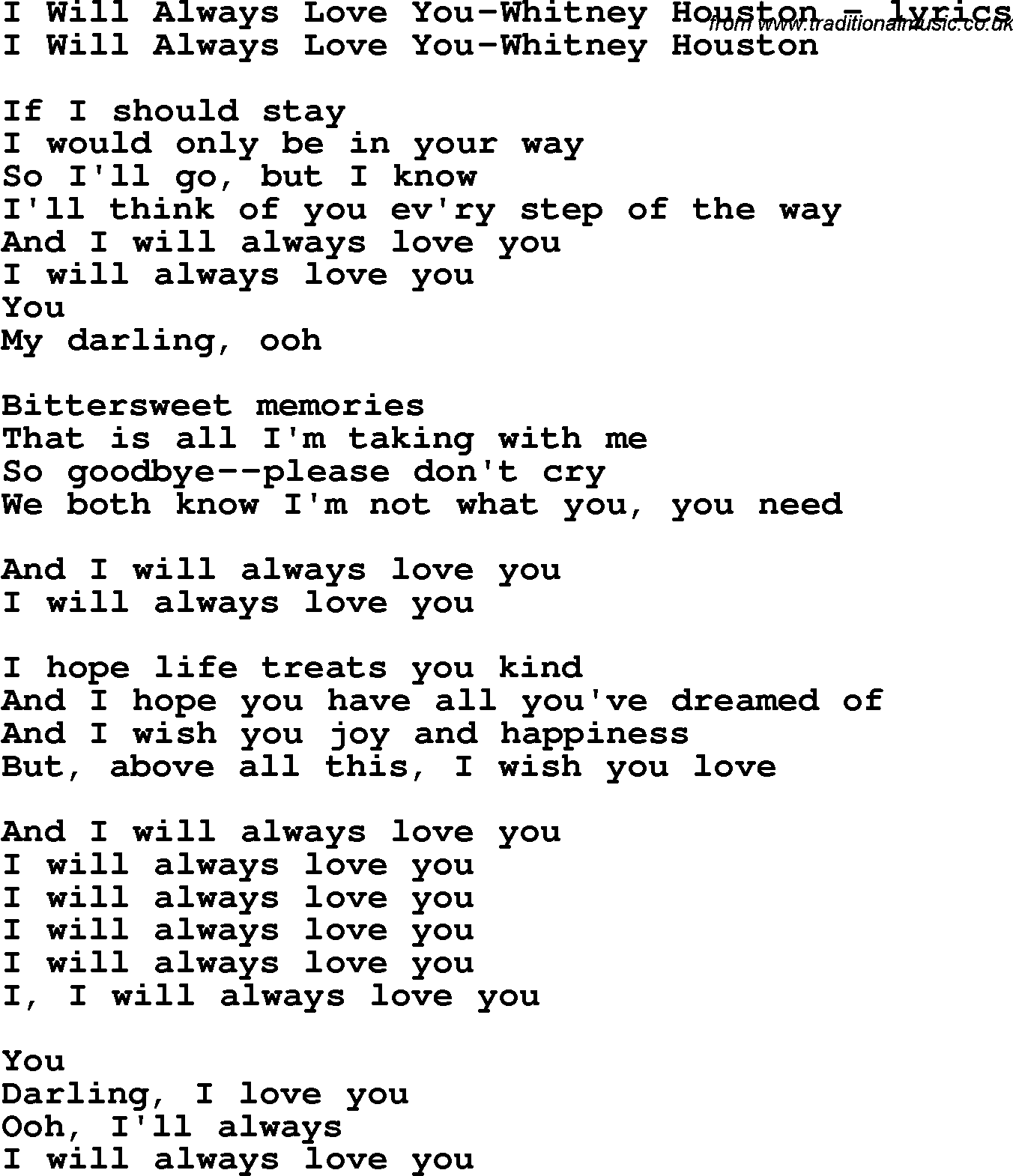 Love Song Lyrics for: I Will Always Love You-Whitney Houston