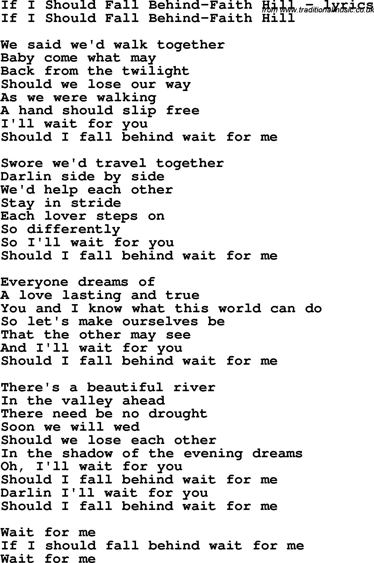 Love Song Lyrics for: If I Should Fall Behind-Faith Hill
