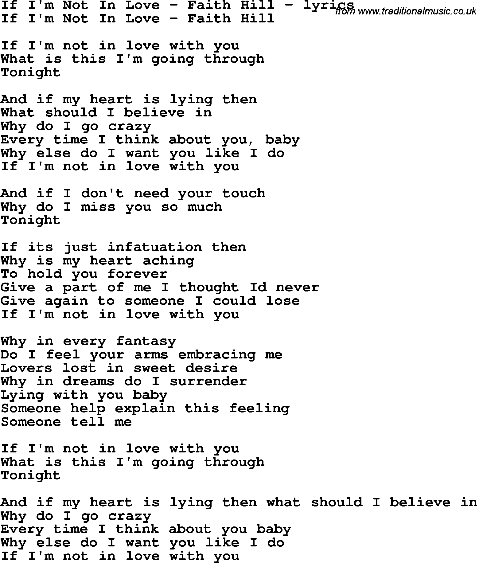 Love Song Lyrics for: If I'm Not In Love - Faith Hill