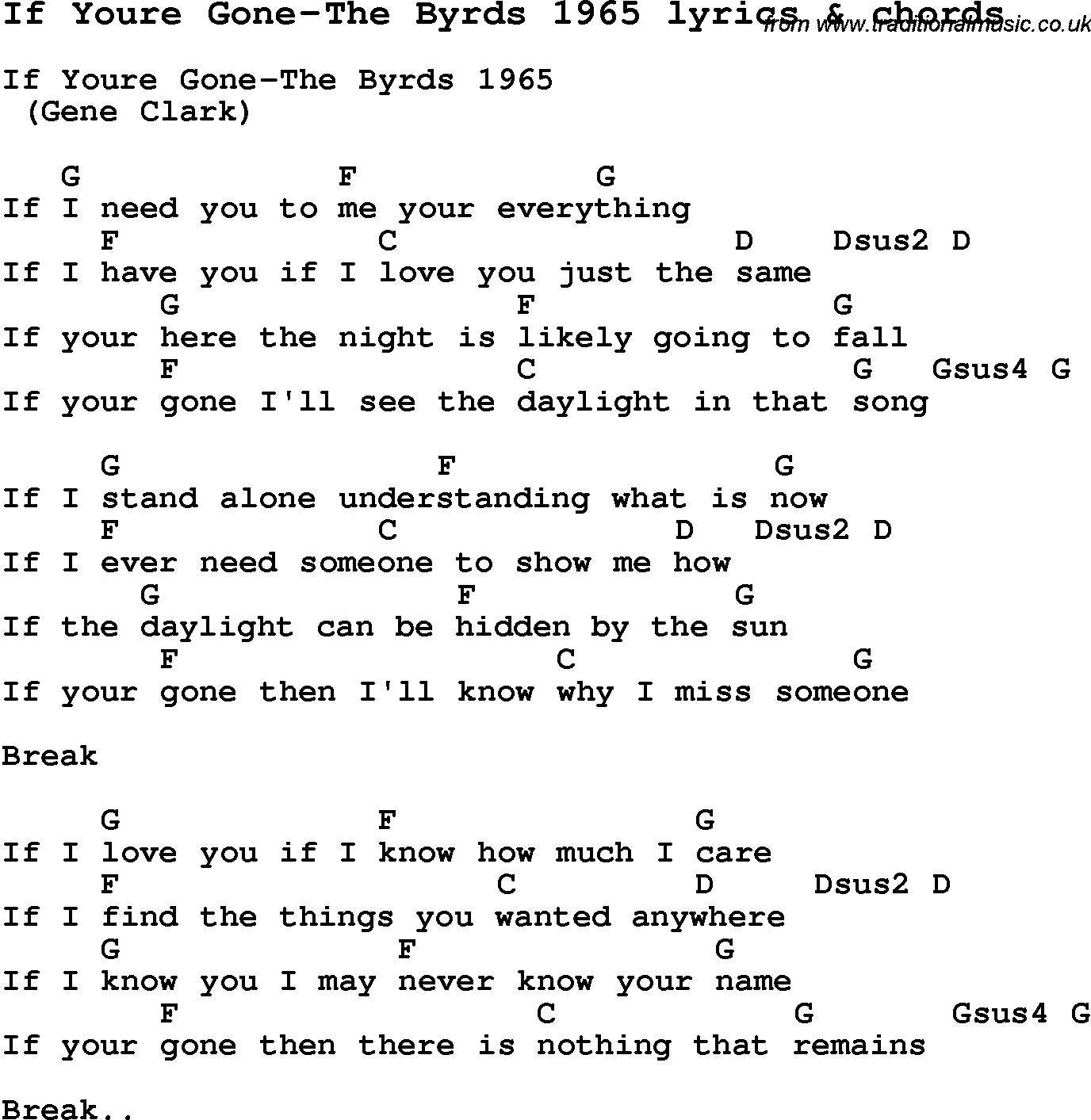 Love Song Lyrics for: If Youre Gone-The Byrds 1965 with chords for Ukulele, Guitar Banjo etc.
