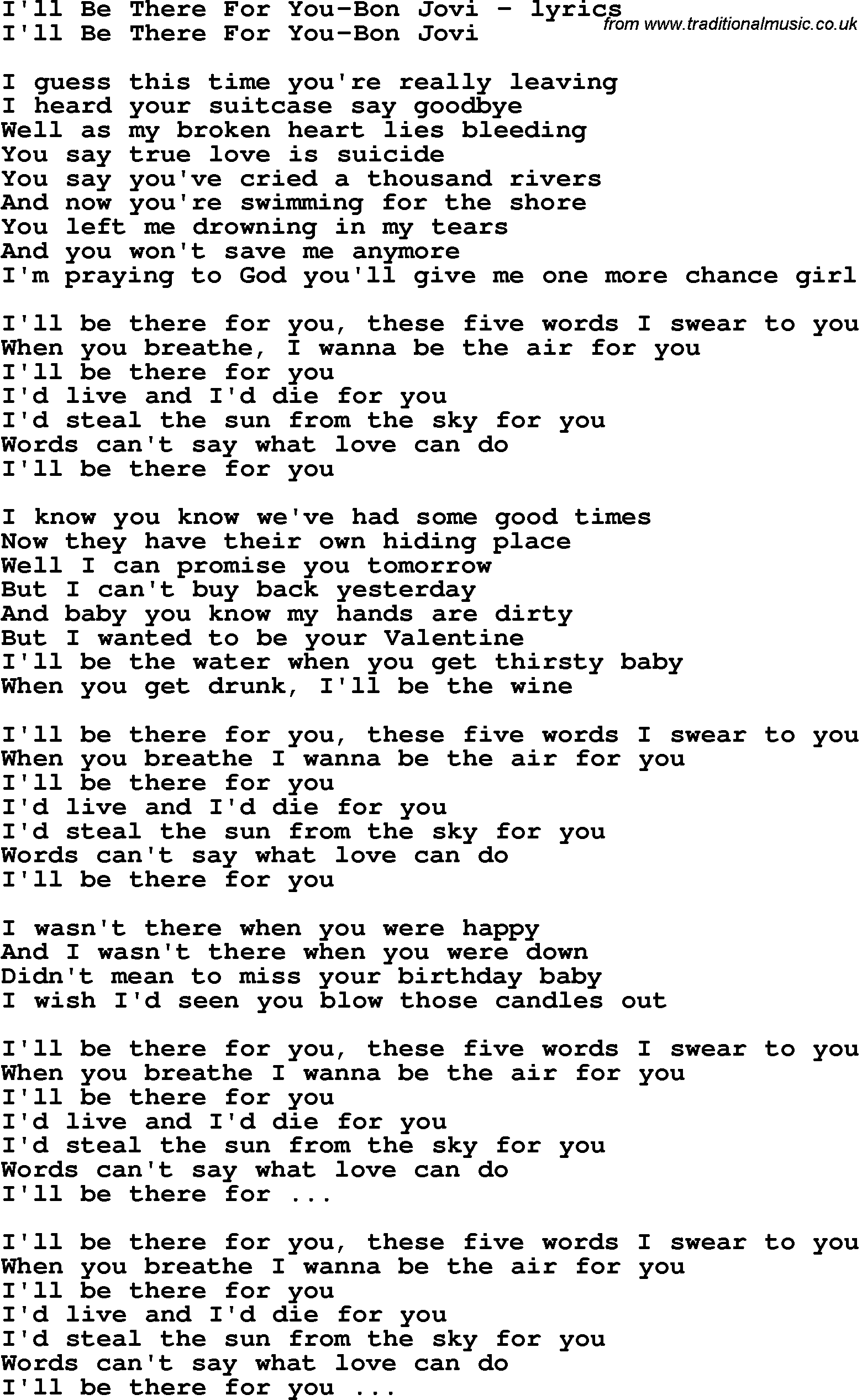 Love Song Lyrics for: I'll Be There For You-Bon Jovi