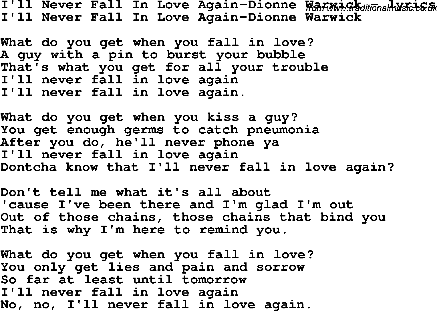 Love Song Lyrics for: I'll Never Fall In Love Again-Dionne Warwick