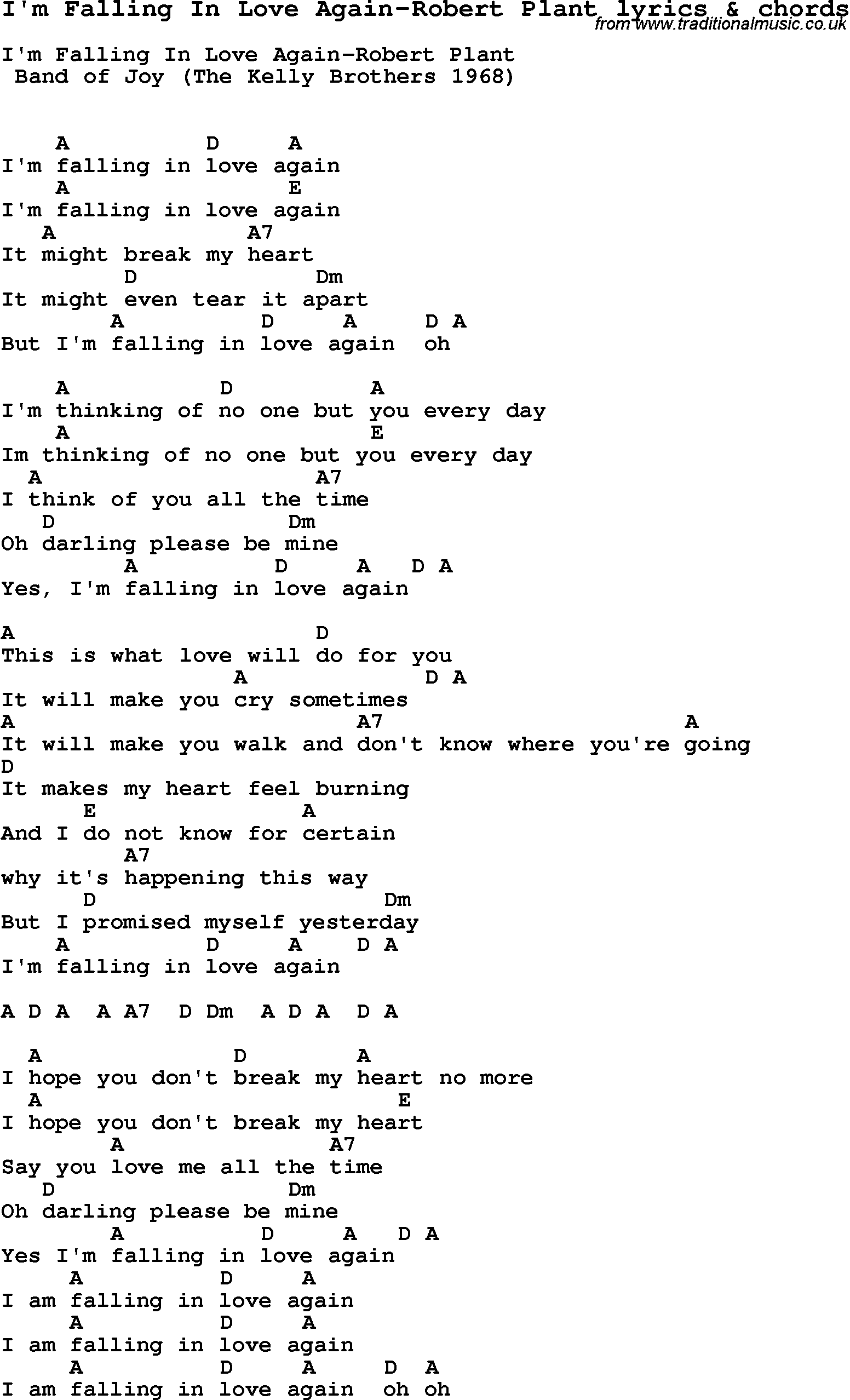 Love Song Lyrics for: I'm Falling In Love Again-Robert Plant with chords for Ukulele, Guitar Banjo etc.