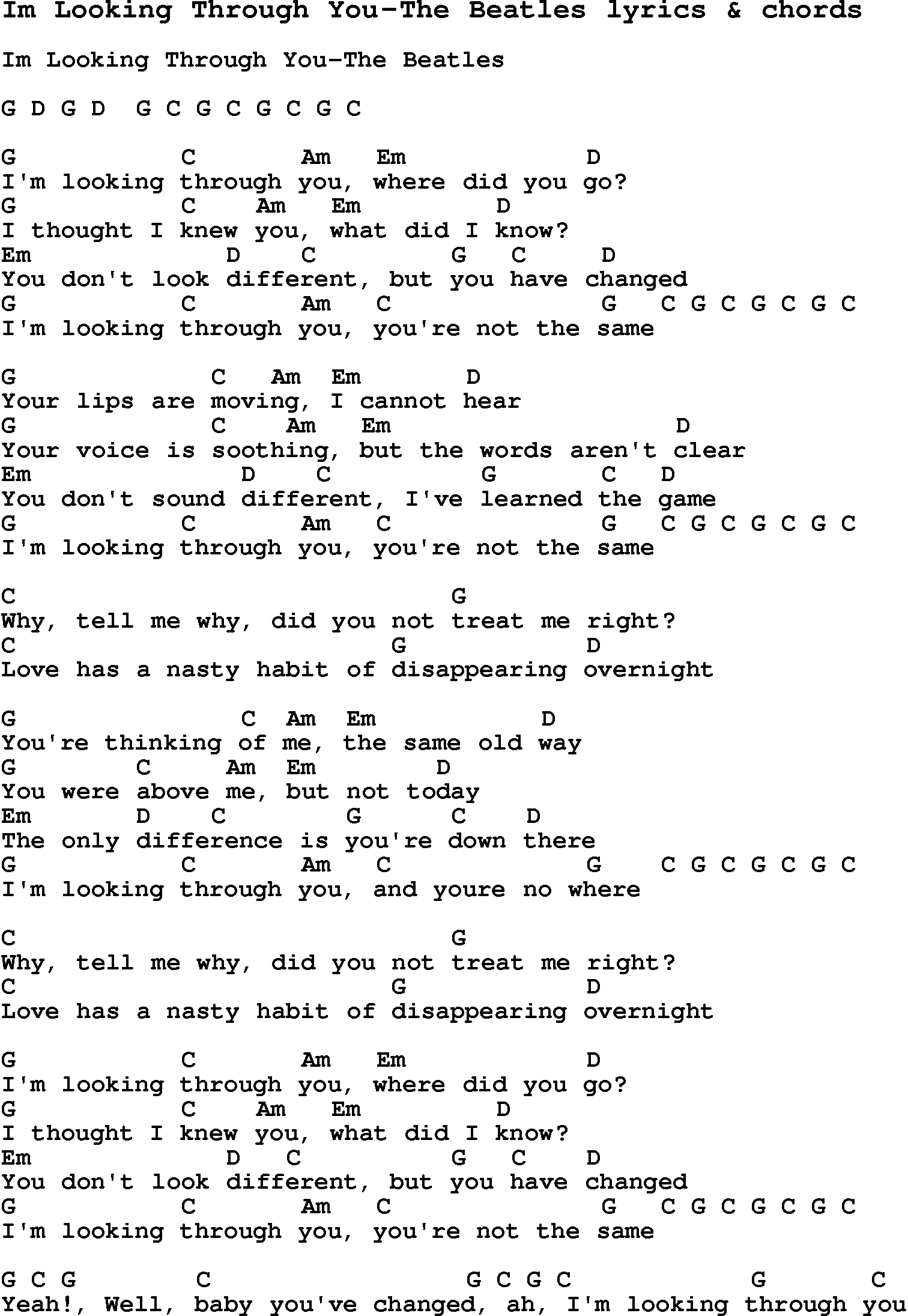 Love Song Lyrics for: Im Looking Through You-The Beatles with chords for Ukulele, Guitar Banjo etc.