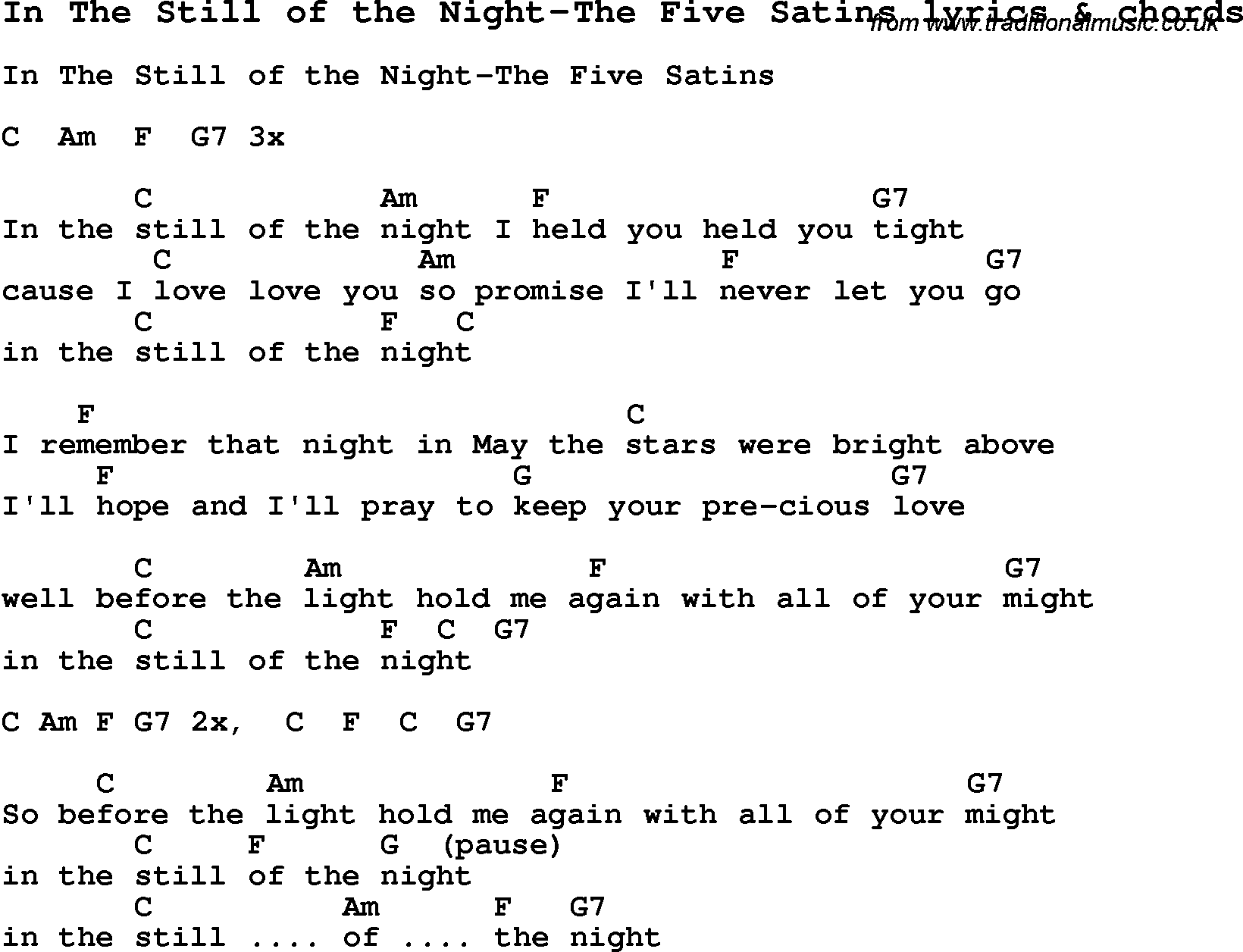 Love Song Lyrics for: In The Still of the Night-The Five Satins with chords for Ukulele, Guitar Banjo etc.
