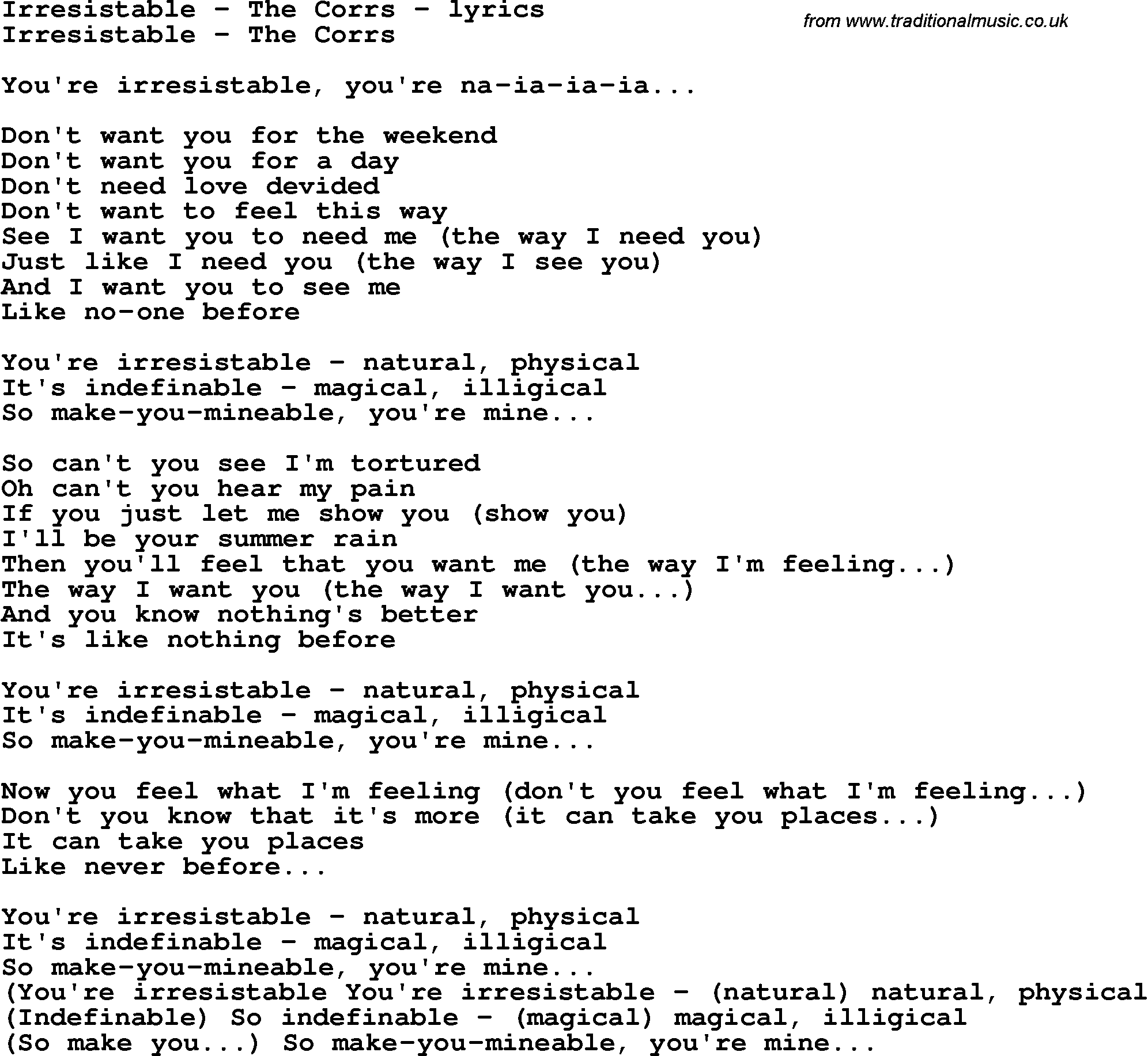Love Song Lyrics for: Irresistable - The Corrs