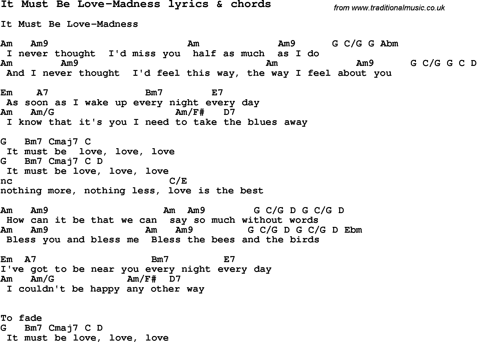 Love Song Lyrics for: It Must Be Love-Madness with chords for Ukulele, Guitar Banjo etc.