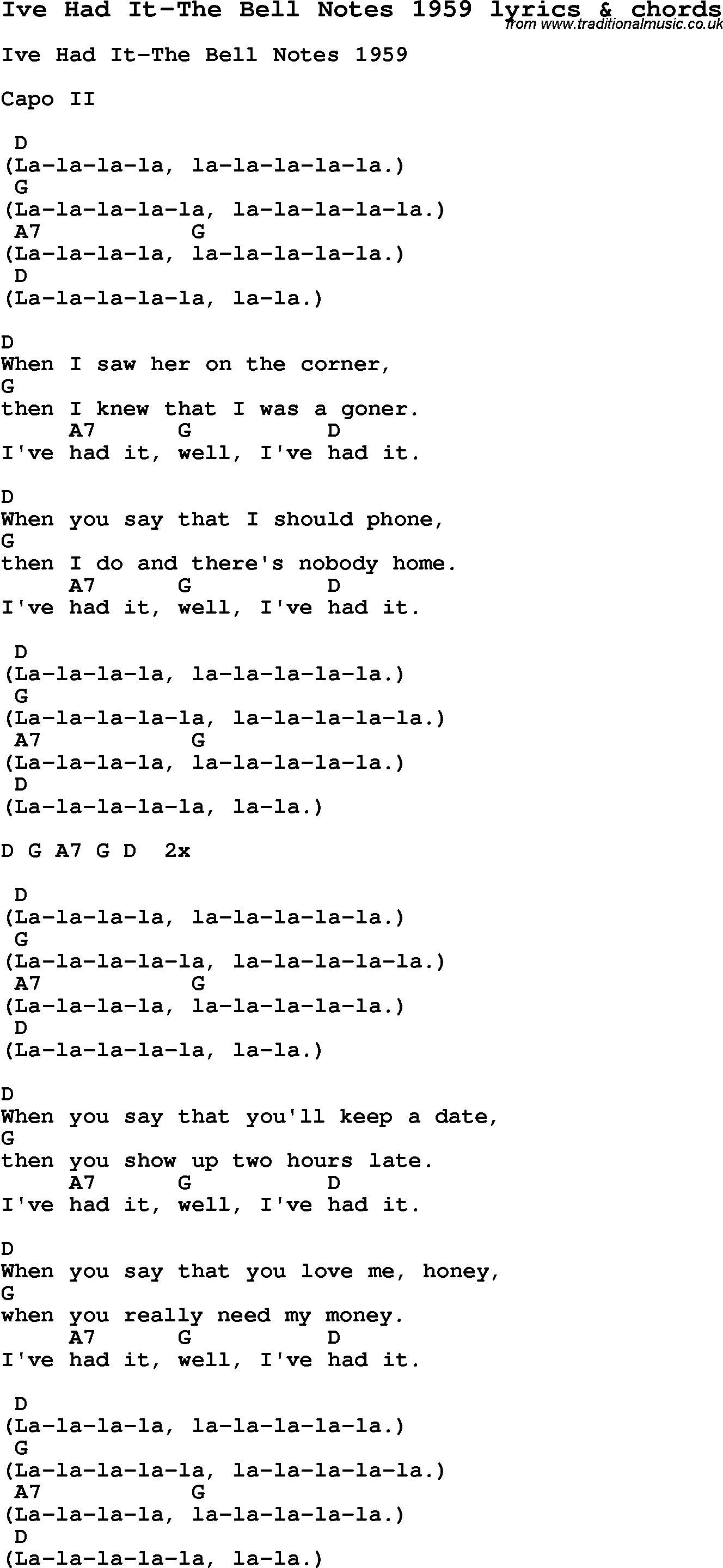 Love Song Lyrics for: Ive Had It-The Bell Notes 1959 with chords for Ukulele, Guitar Banjo etc.