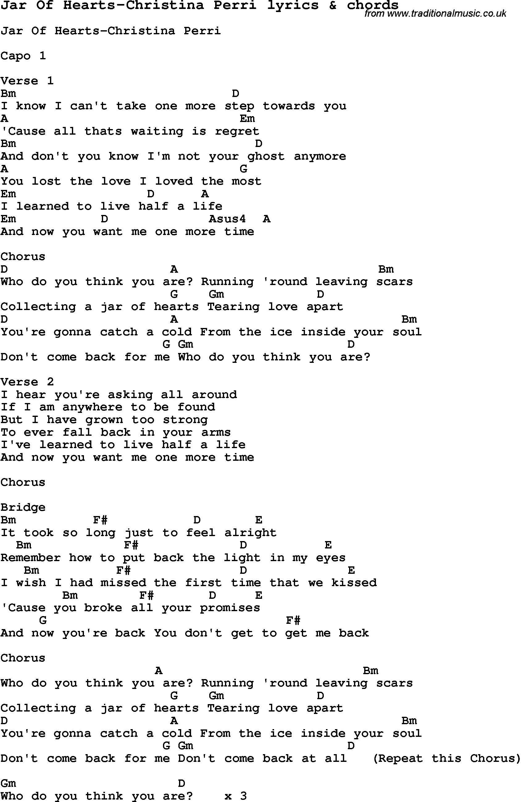 Love Song Lyrics for: Jar Of Hearts-Christina Perri with chords for Ukulele, Guitar Banjo etc.