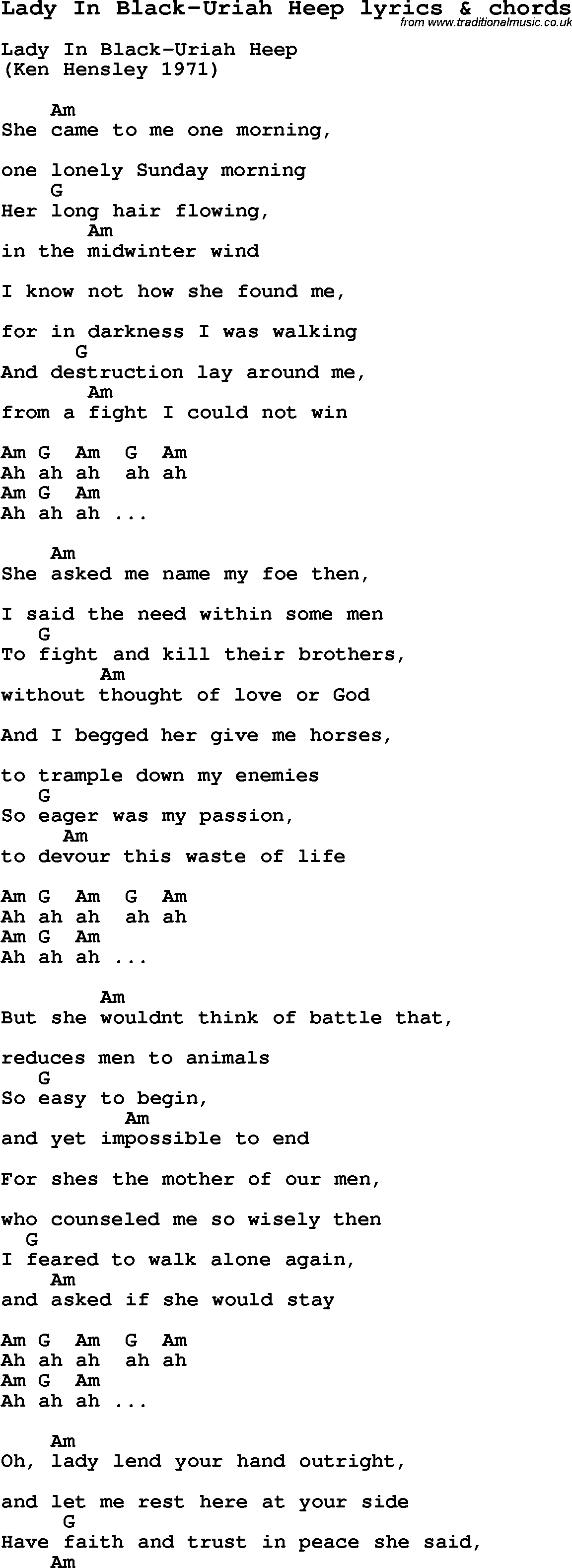 Love Song Lyrics for:Lady In Black-Uriah Heep with chords.