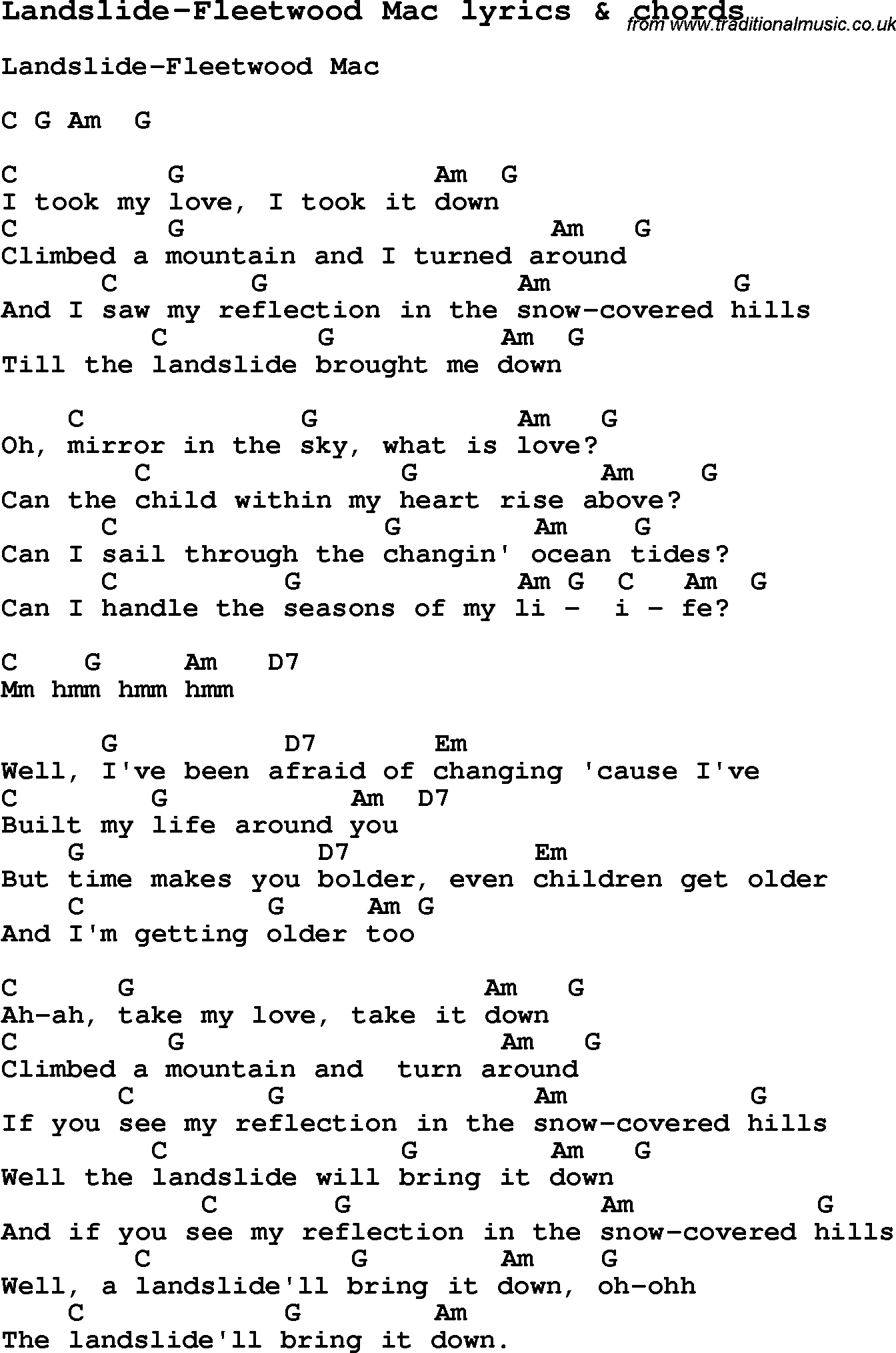 Love Song Lyrics for: Landslide-Fleetwood Mac with chords for Ukulele, Guitar Banjo etc.