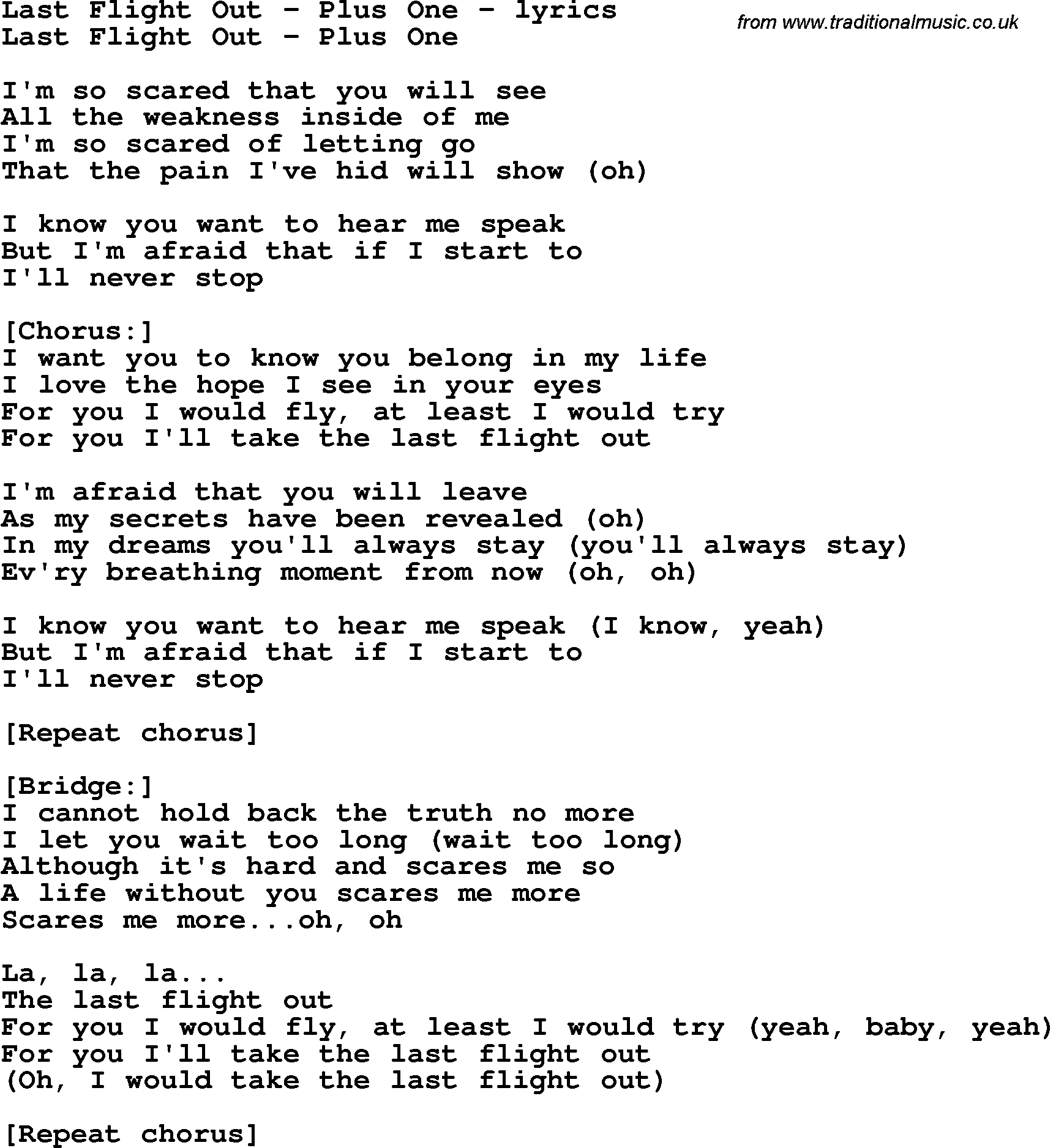 Love Song Lyrics for: Last Flight Out - Plus One