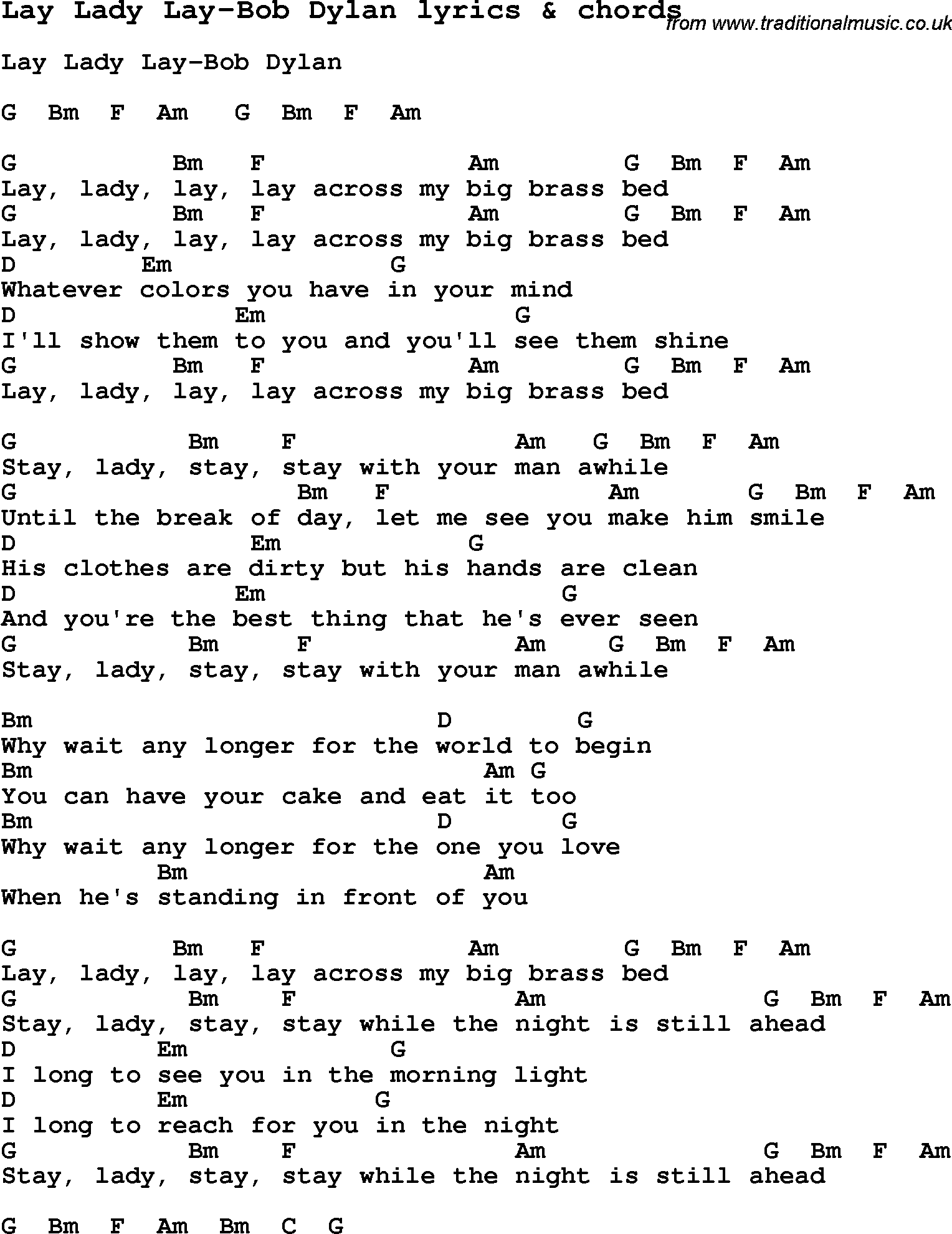 Love Song Lyrics for: Lay Lady Lay-Bob Dylan with chords for Ukulele, Guitar Banjo etc.