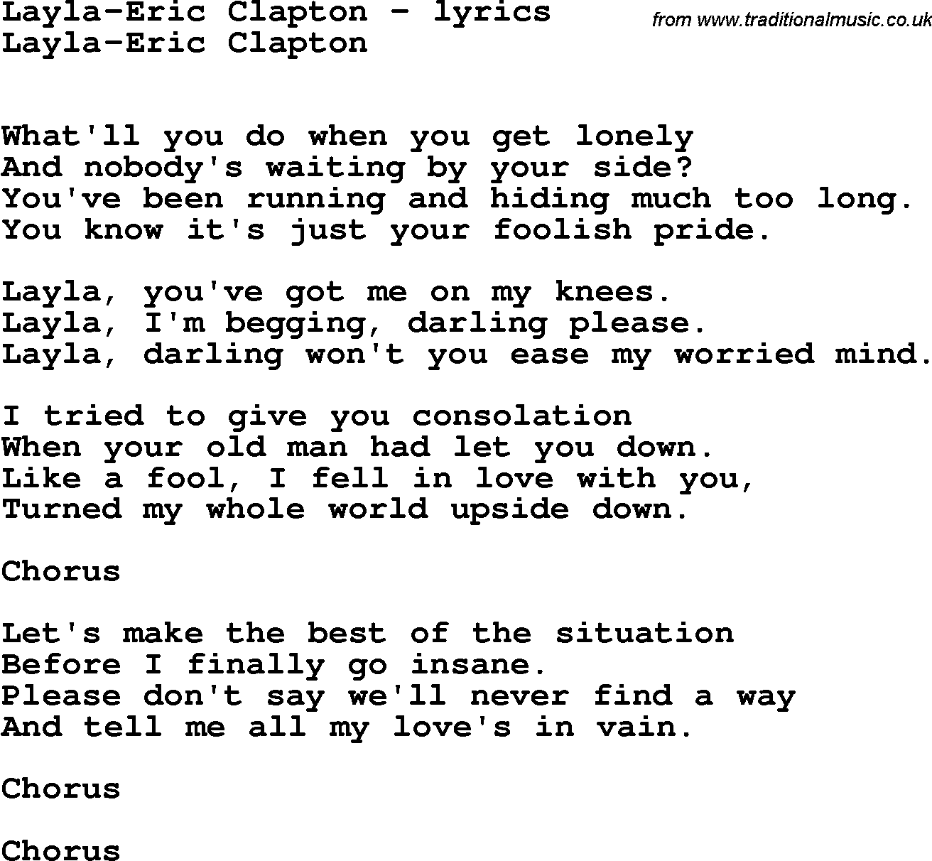 Love Song Lyrics for: Layla-Eric Clapton